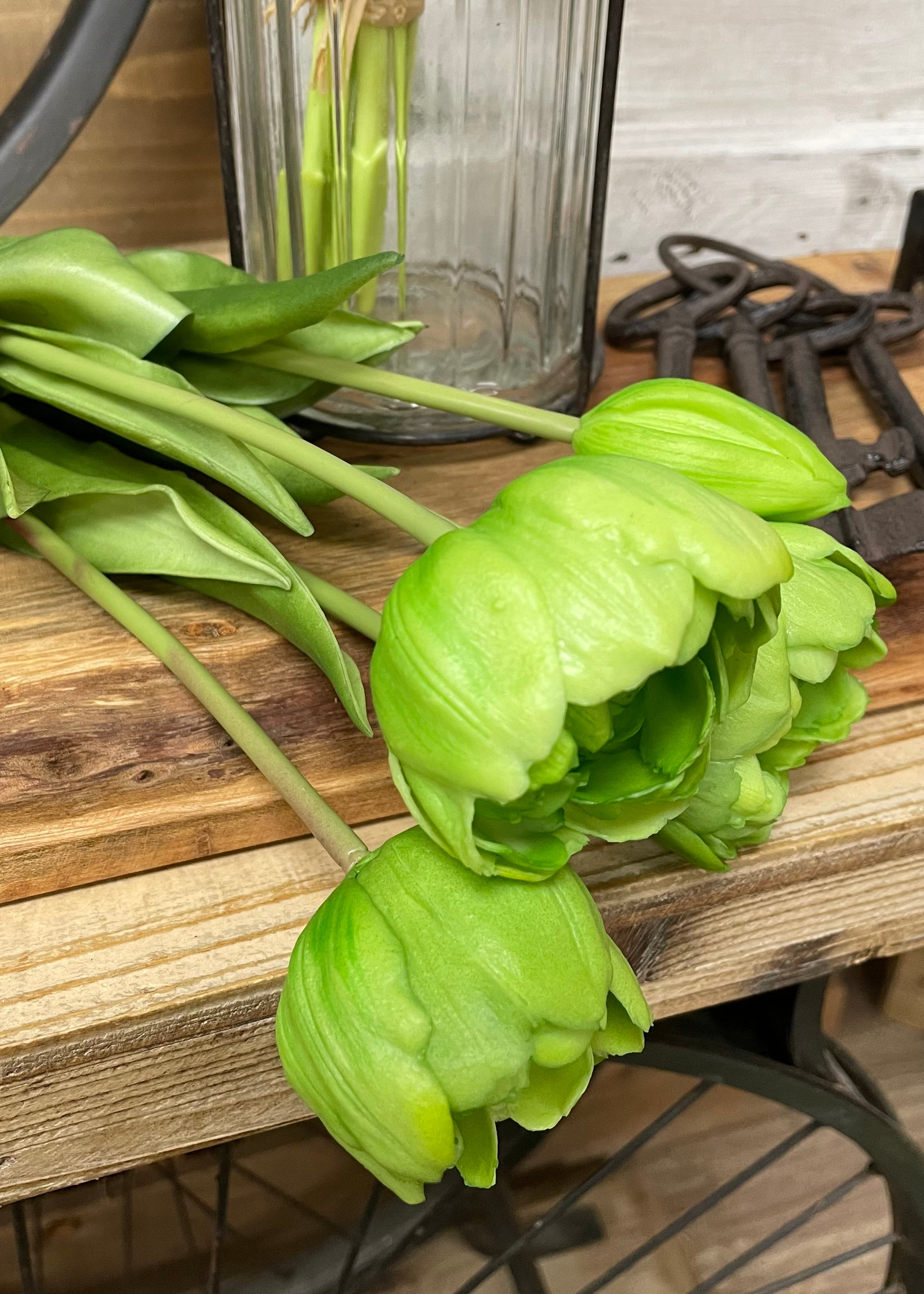 ITEM 10183 GR - 18" FRESH TOUCH GREEN DOUBLE PEONY TULIP BUNDLE (3 FLOWERS AND 2 BUDS TO A BUNDLE)