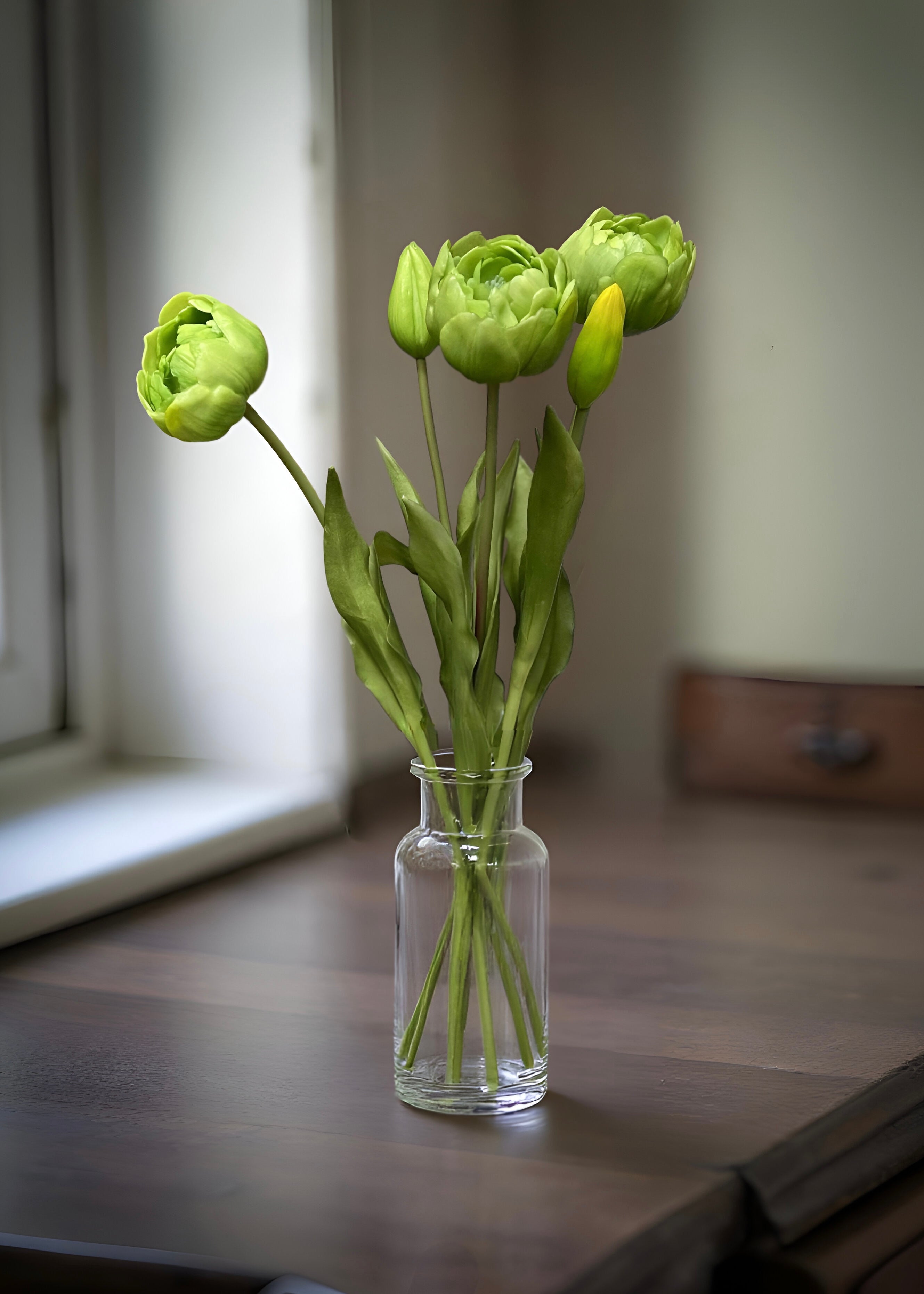 ITEM 10183 GR - 18" FRESH TOUCH GREEN DOUBLE PEONY TULIP BUNDLE (3 FLOWERS AND 2 BUDS TO A BUNDLE)
