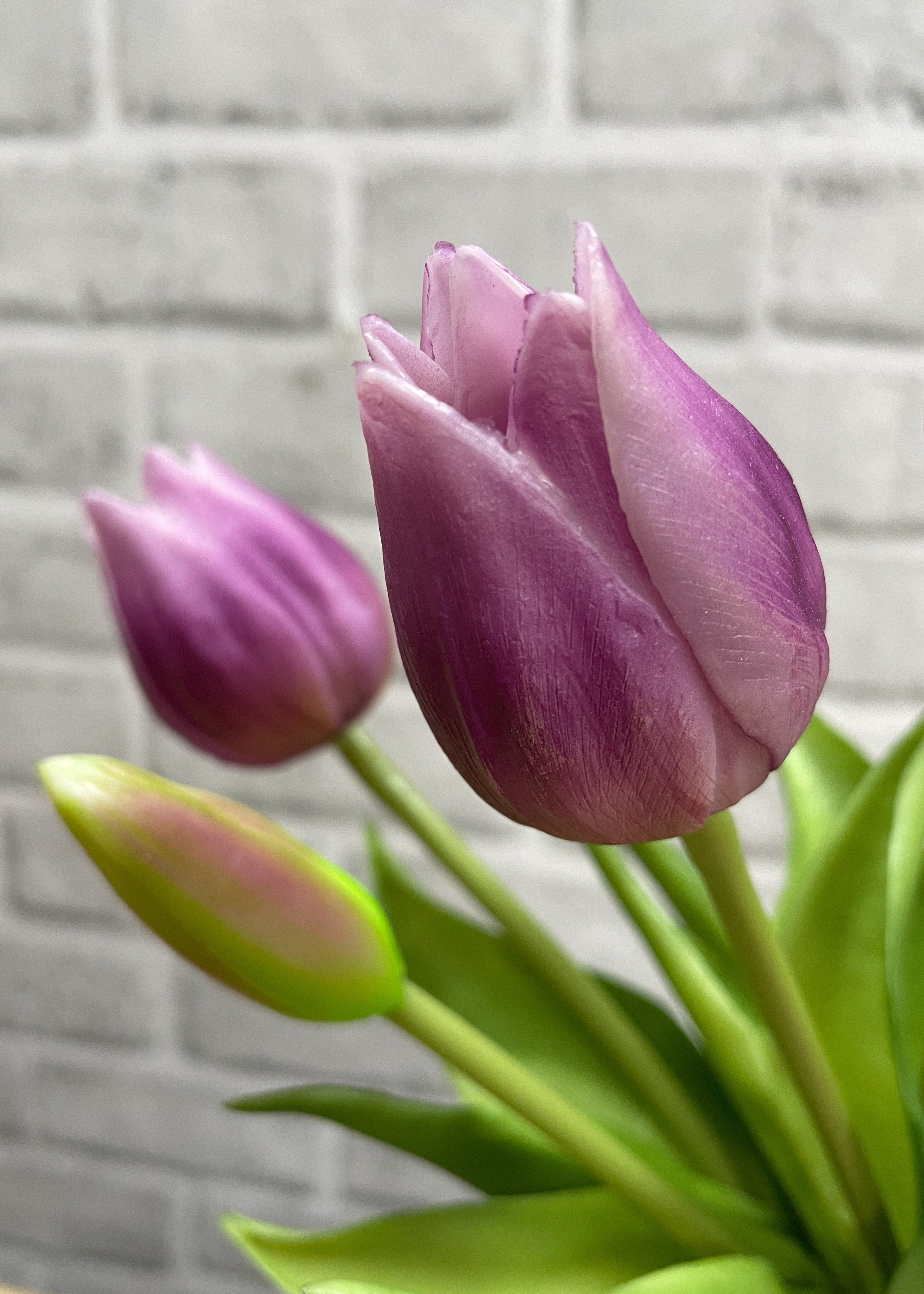 ITEM 10187 LVW - 10" FRESH TOUCH MINI WILD LAVENDER WHITE TULIP BUNDLE (3 FLOWERS & 2 BUDS TO A BUNDLE)
