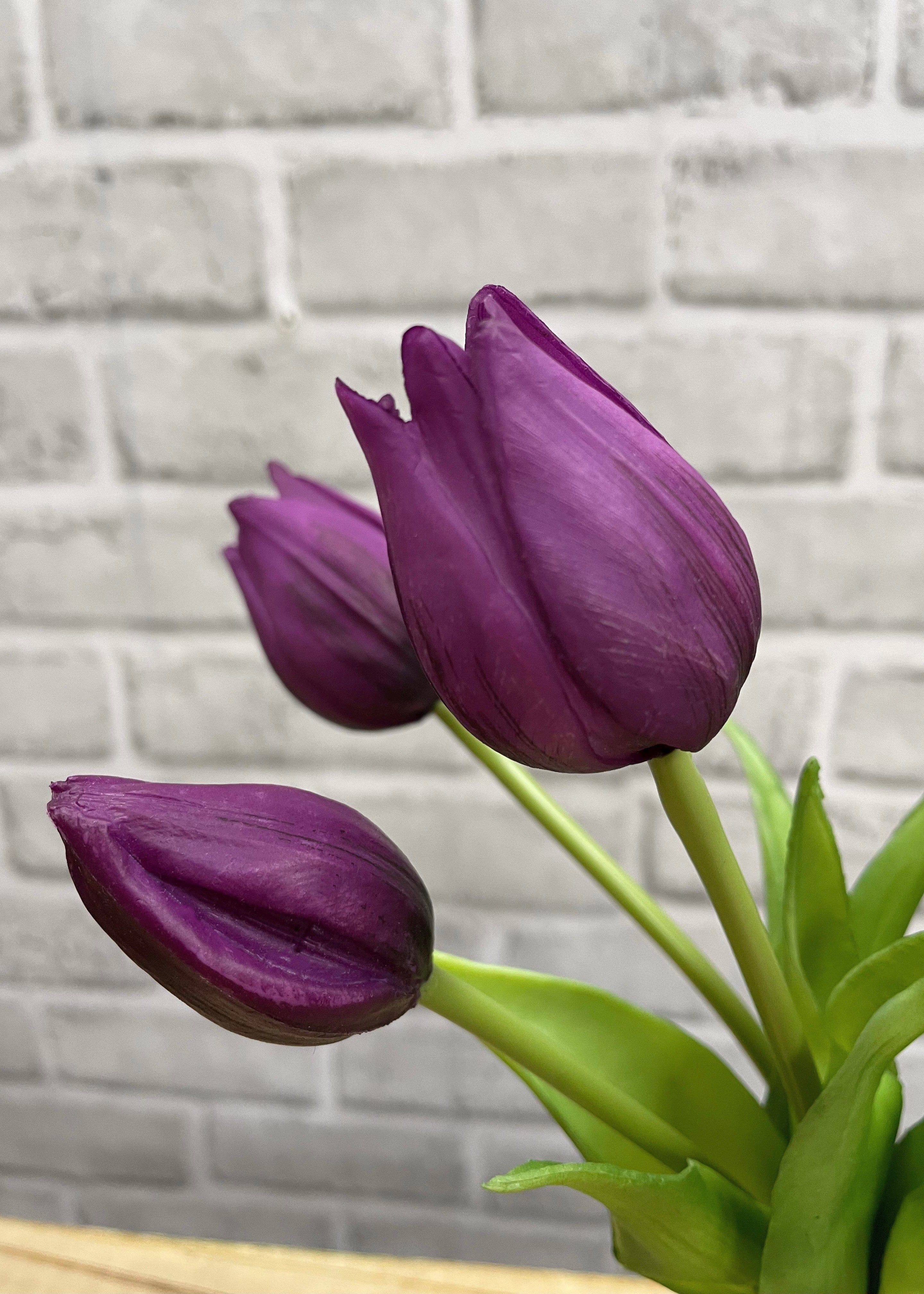 ITEM 10187 PUR(AUGUST) - 10" FRESH TOUCH MINI WILD PURPLE TULIP BUNDLE (3 FLOWERS & 2 BUDS TO A BUNDLE)
