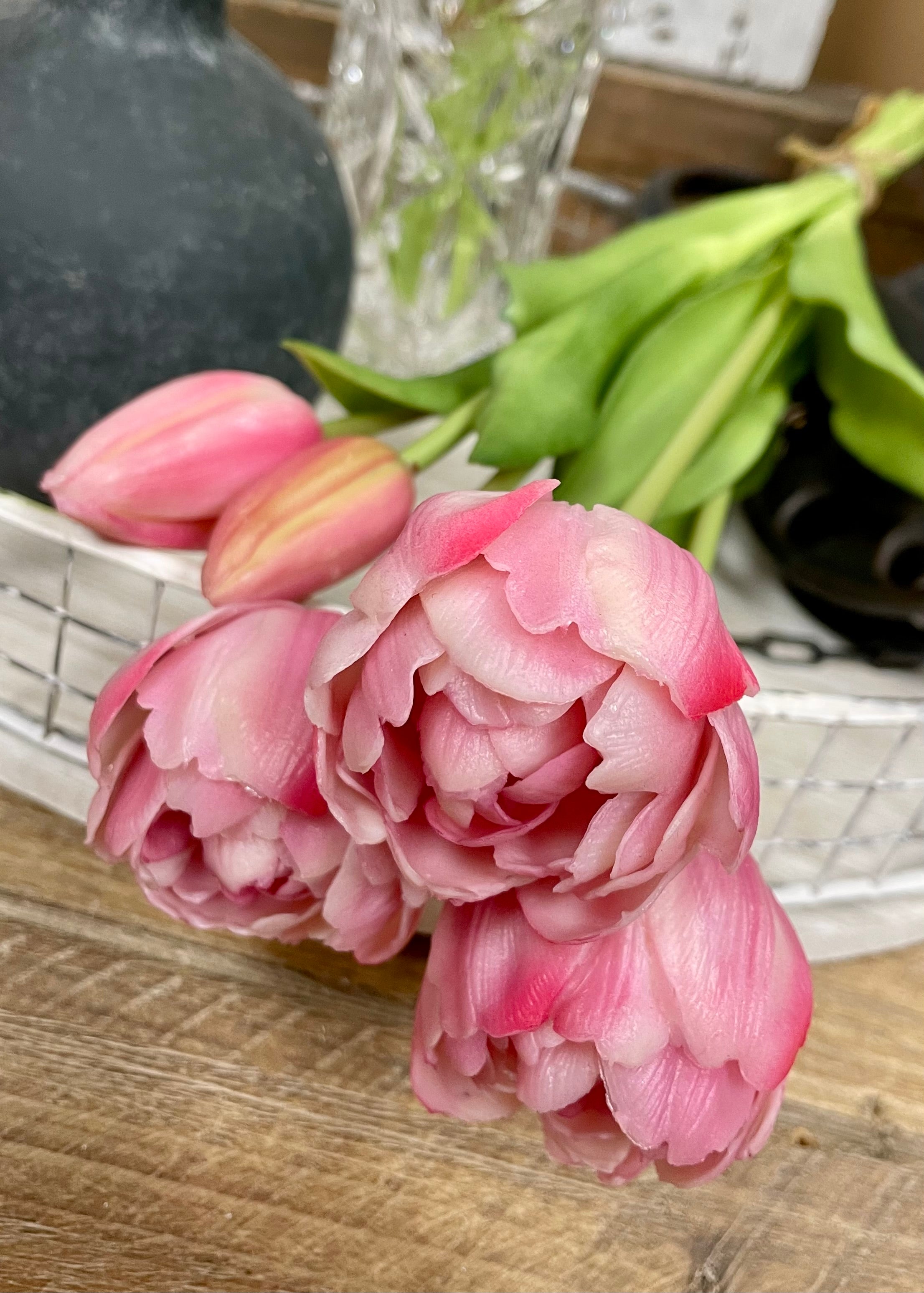 ITEM 10195 COTTON - 15" FRESH TOUCH COTTON CANDY PINK AVANT GARDE PEONY TULIP BUNDLE (3 FLOWERS & 2 BUDS TO A BUNDLE)
