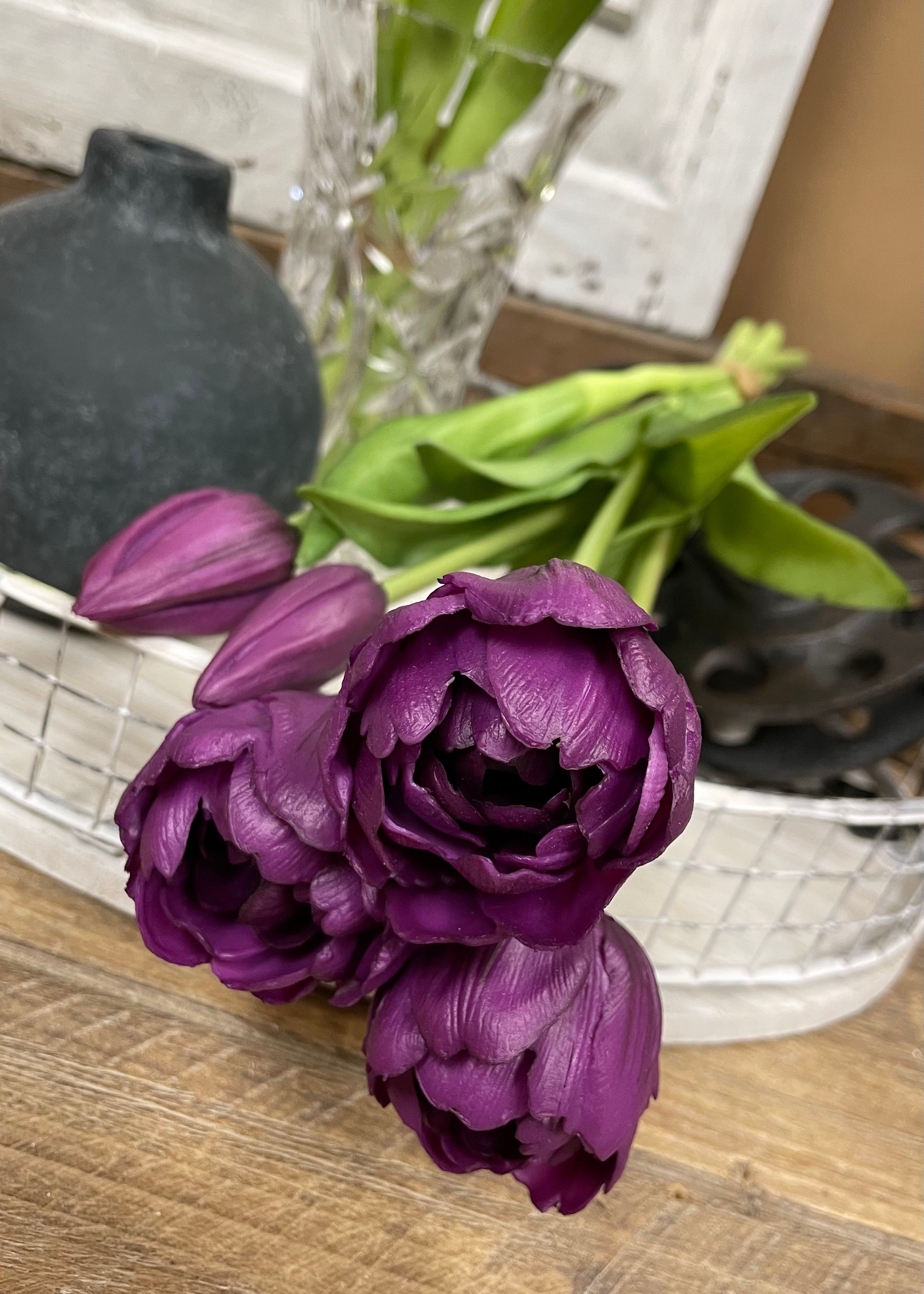 ITEM 10195 PUR(AVAILABLE) - 15" FRESH TOUCH PURPLE AVANT GARDE PEONY TULIP BUNDLE (3 FLOWERS & 2 BUDS TO A BUNDLE)