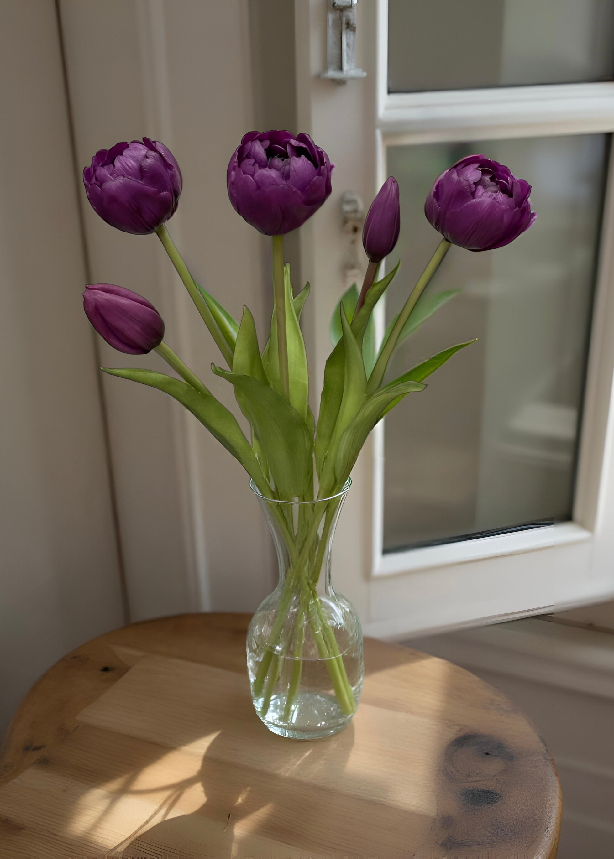 ITEM 10195 PUR(AVAILABLE) - 15" FRESH TOUCH PURPLE AVANT GARDE PEONY TULIP BUNDLE (3 FLOWERS & 2 BUDS TO A BUNDLE)
