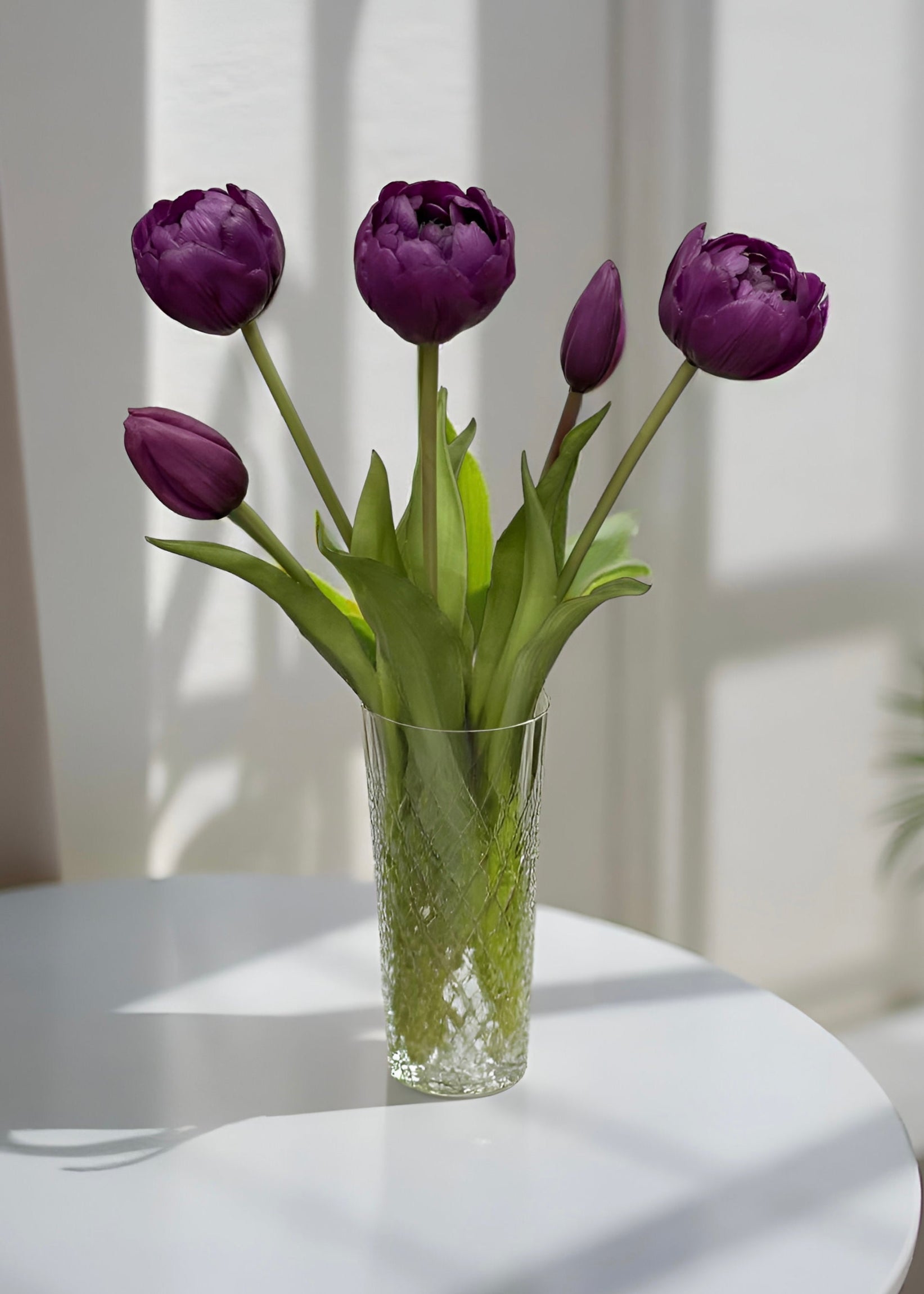 ITEM 10195 PUR(AVAILABLE) - 15" FRESH TOUCH PURPLE AVANT GARDE PEONY TULIP BUNDLE (3 FLOWERS & 2 BUDS TO A BUNDLE)