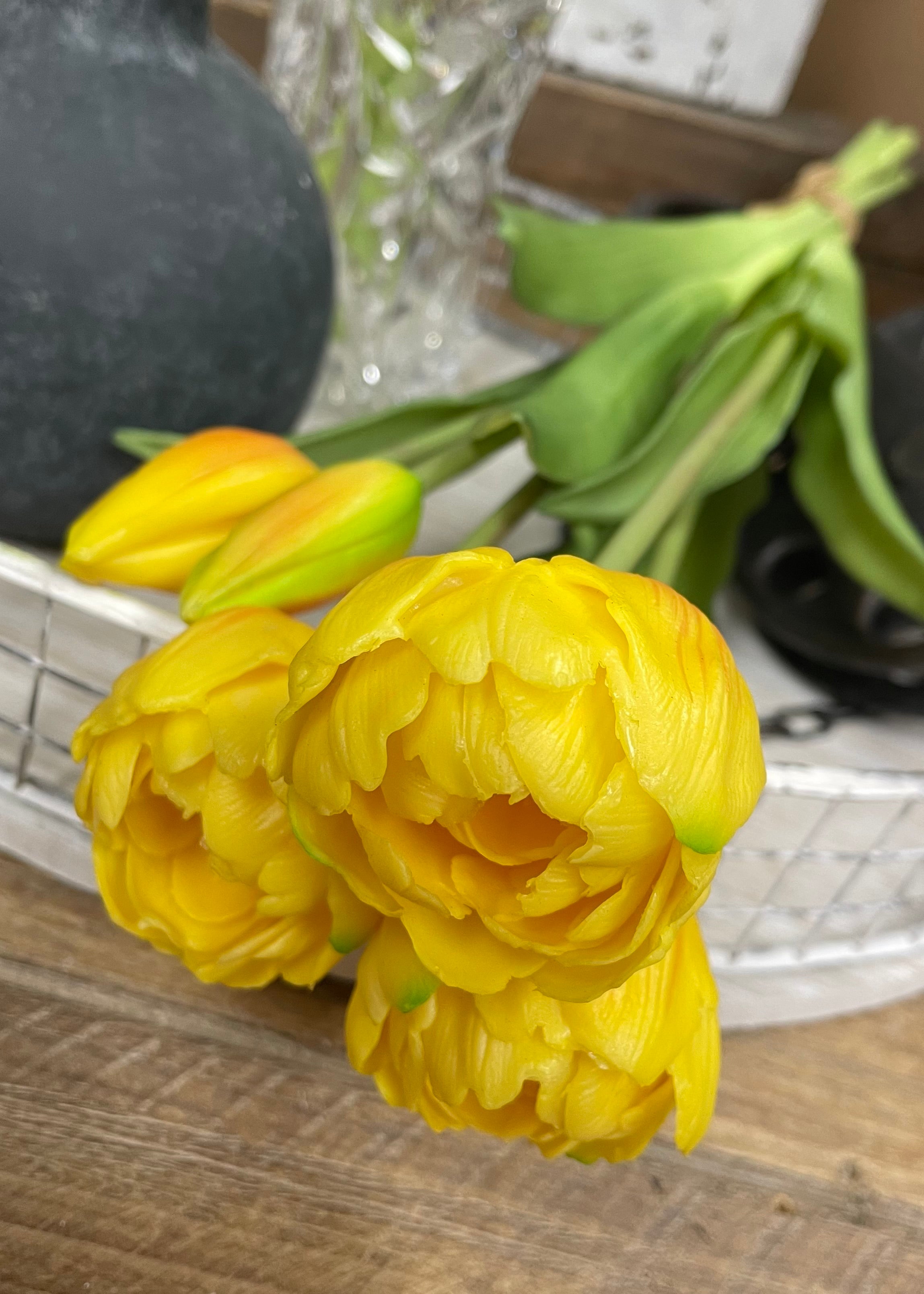 ITEM 10195 Y - 15" FRESH TOUCH YELLOW AVANT GARDE PEONY TULIP BUNDLE (3 FLOWERS & 2 BUDS TO A BUNDLE)