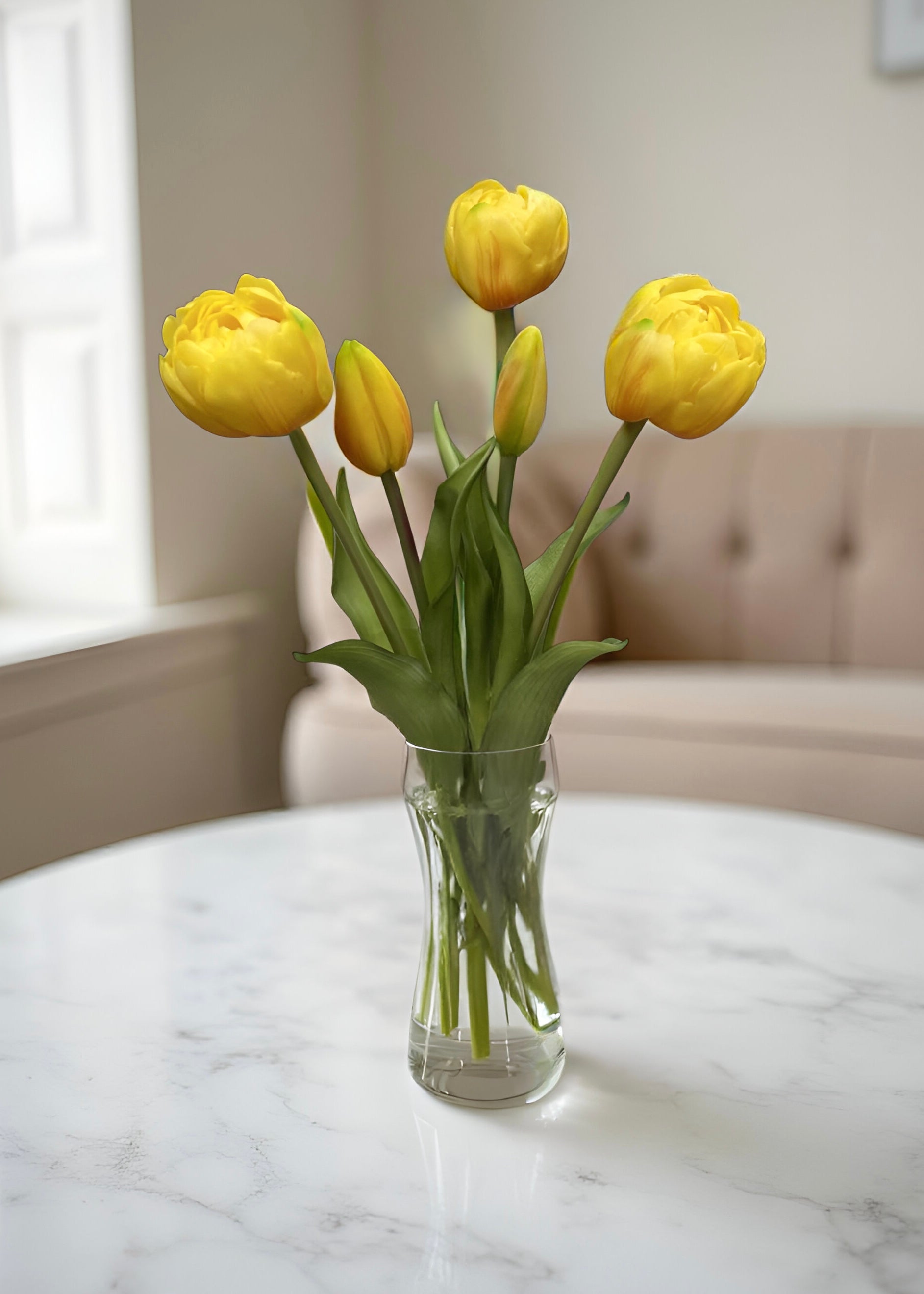 ITEM 10195 Y - 15" FRESH TOUCH YELLOW AVANT GARDE PEONY TULIP BUNDLE (3 FLOWERS & 2 BUDS TO A BUNDLE)