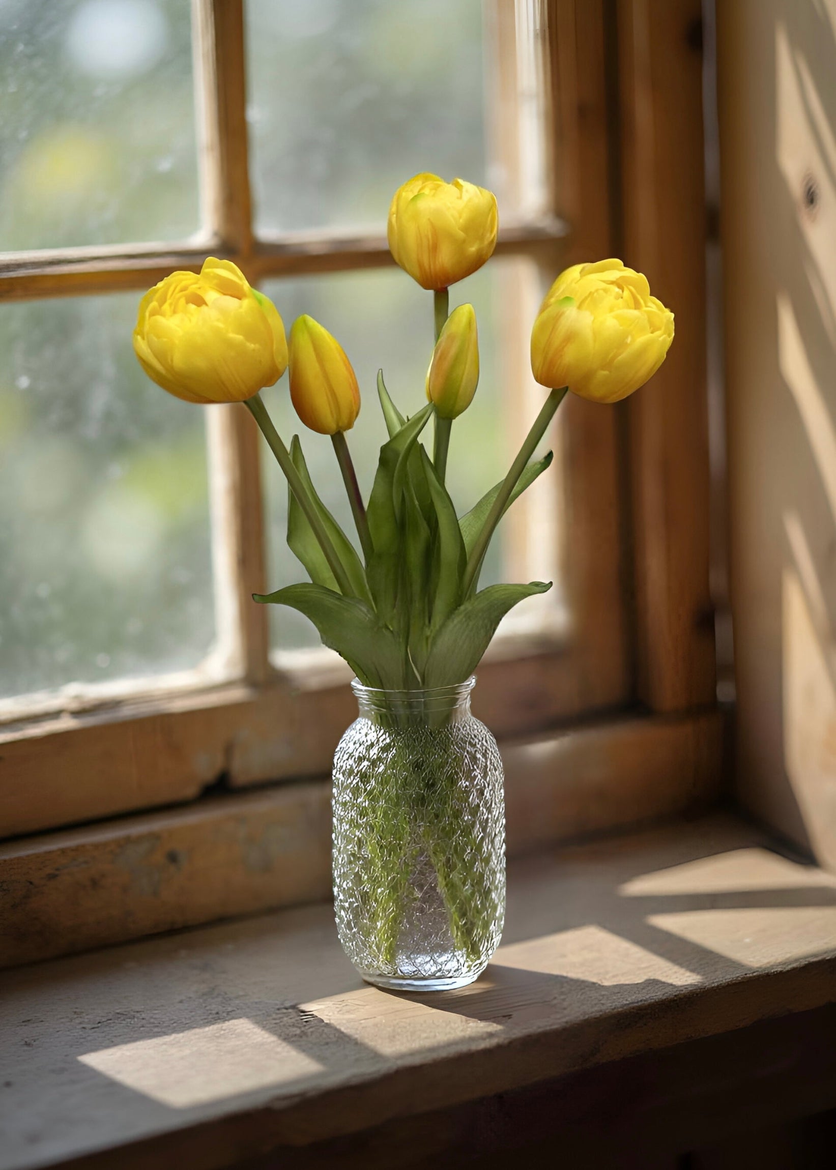 ITEM 10195 Y - 15" FRESH TOUCH YELLOW AVANT GARDE PEONY TULIP BUNDLE (3 FLOWERS & 2 BUDS TO A BUNDLE)