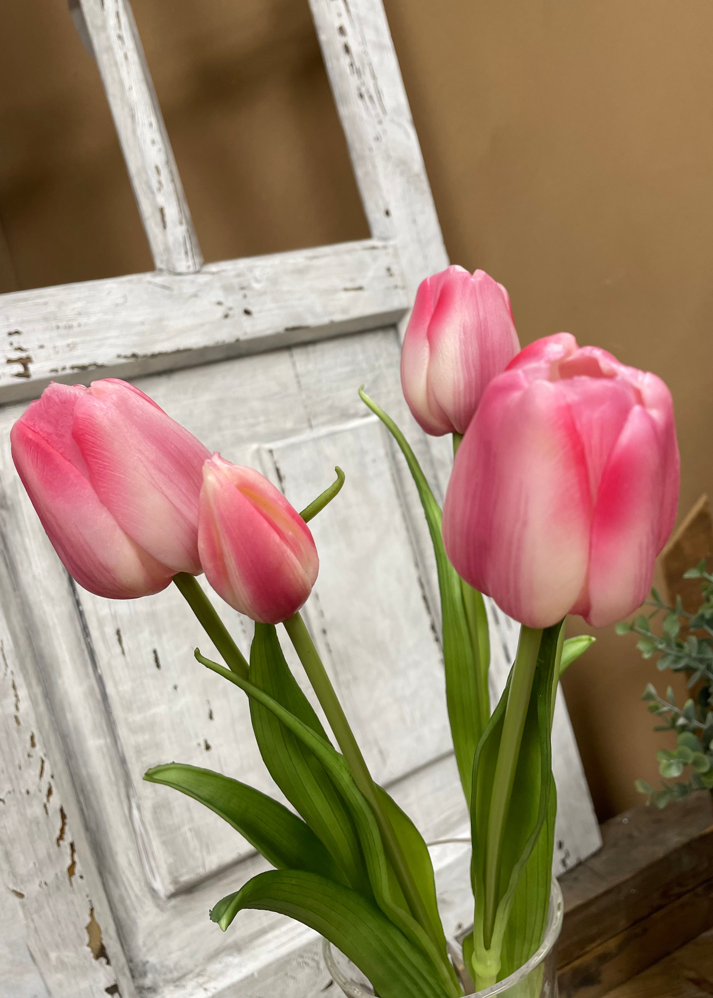 ITEM 10196 COTTON(AVAILABLE) - 18" FRESH TOUCH COTTON CANDY PINK DAY DREAM TULIP BUNDLE (3 FLOWERS & 2 BUDS TO A BUNDLE)