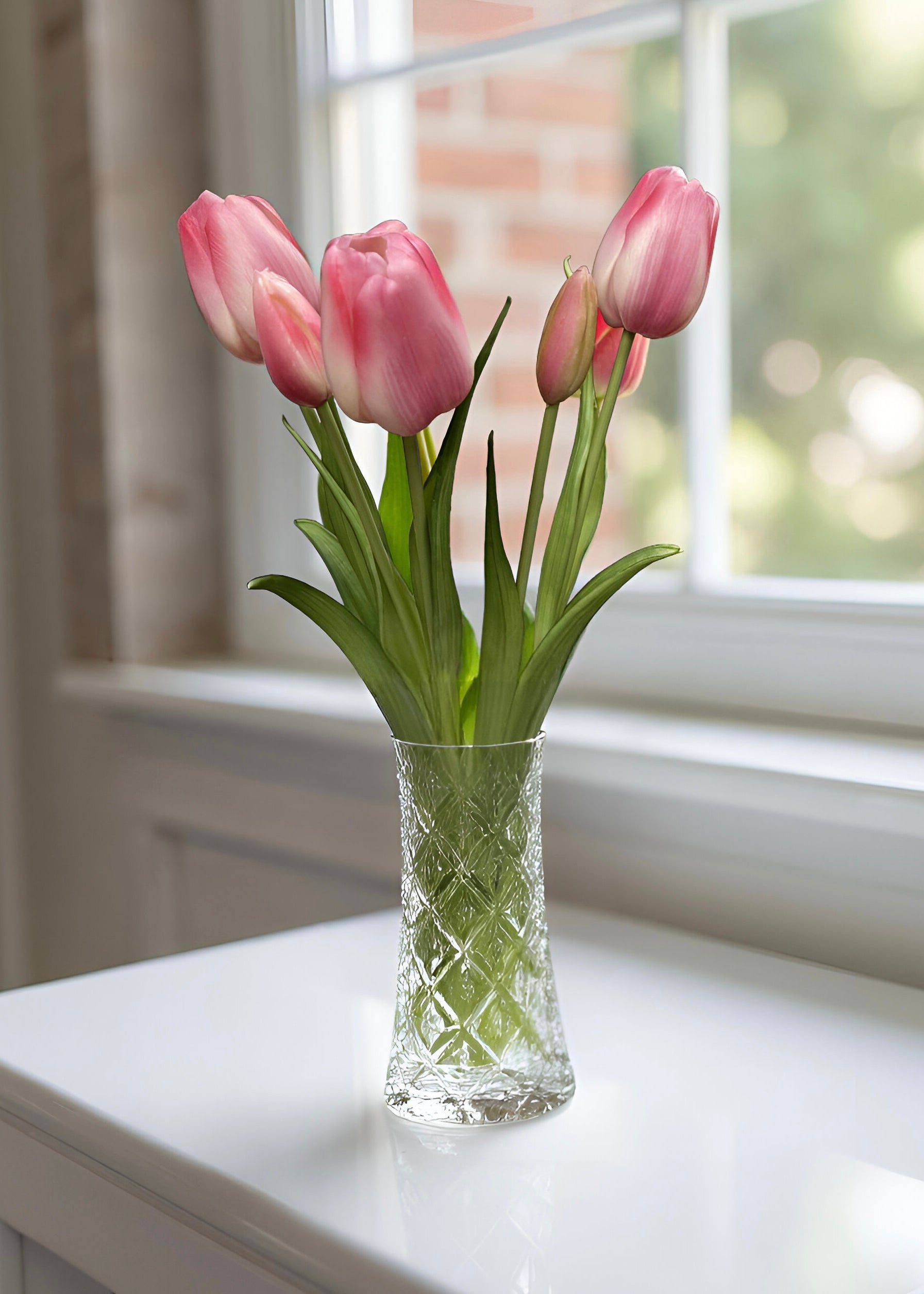 ITEM 10196 COTTON(AVAILABLE) - 18" FRESH TOUCH COTTON CANDY PINK DAY DREAM TULIP BUNDLE (3 FLOWERS & 2 BUDS TO A BUNDLE)
