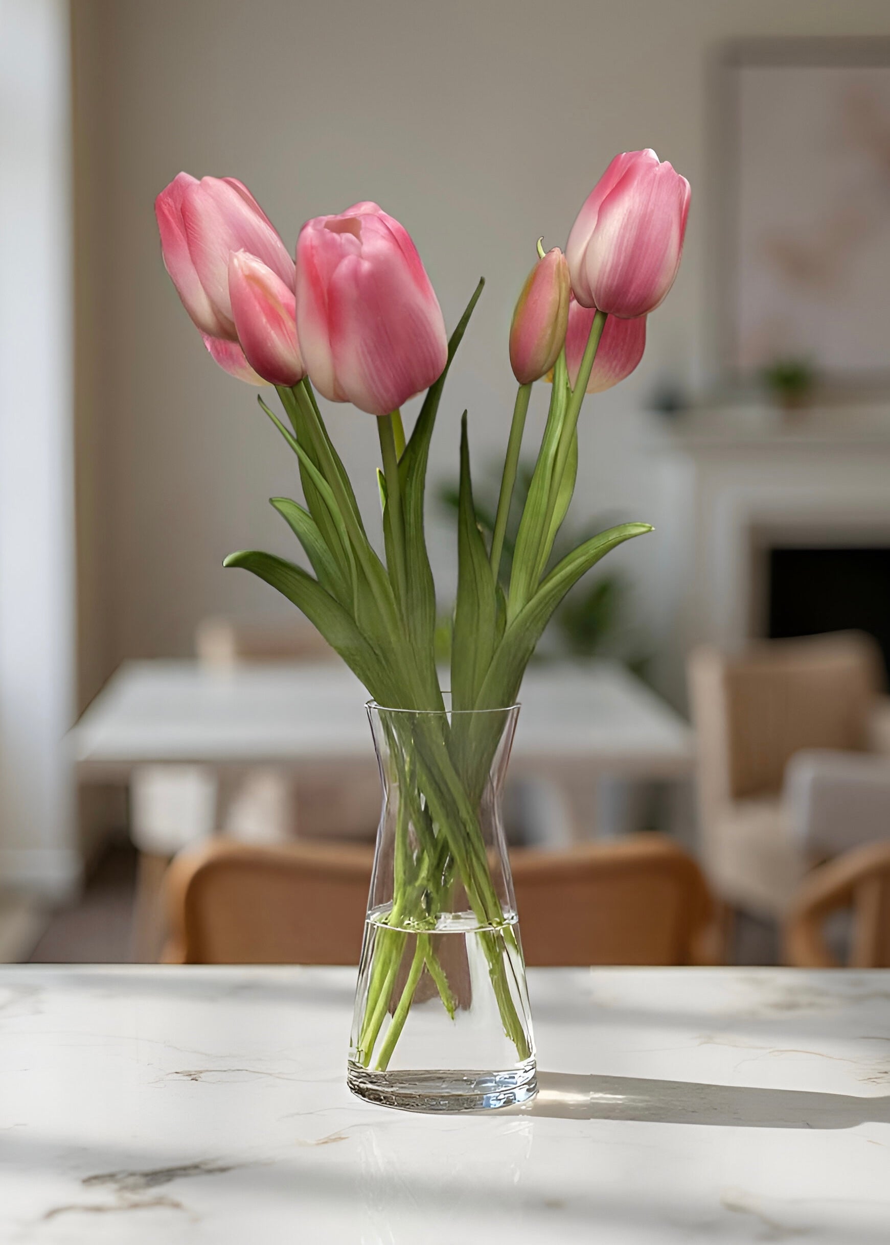 ITEM 10196 COTTON(AVAILABLE) - 18" FRESH TOUCH COTTON CANDY PINK DAY DREAM TULIP BUNDLE (3 FLOWERS & 2 BUDS TO A BUNDLE)