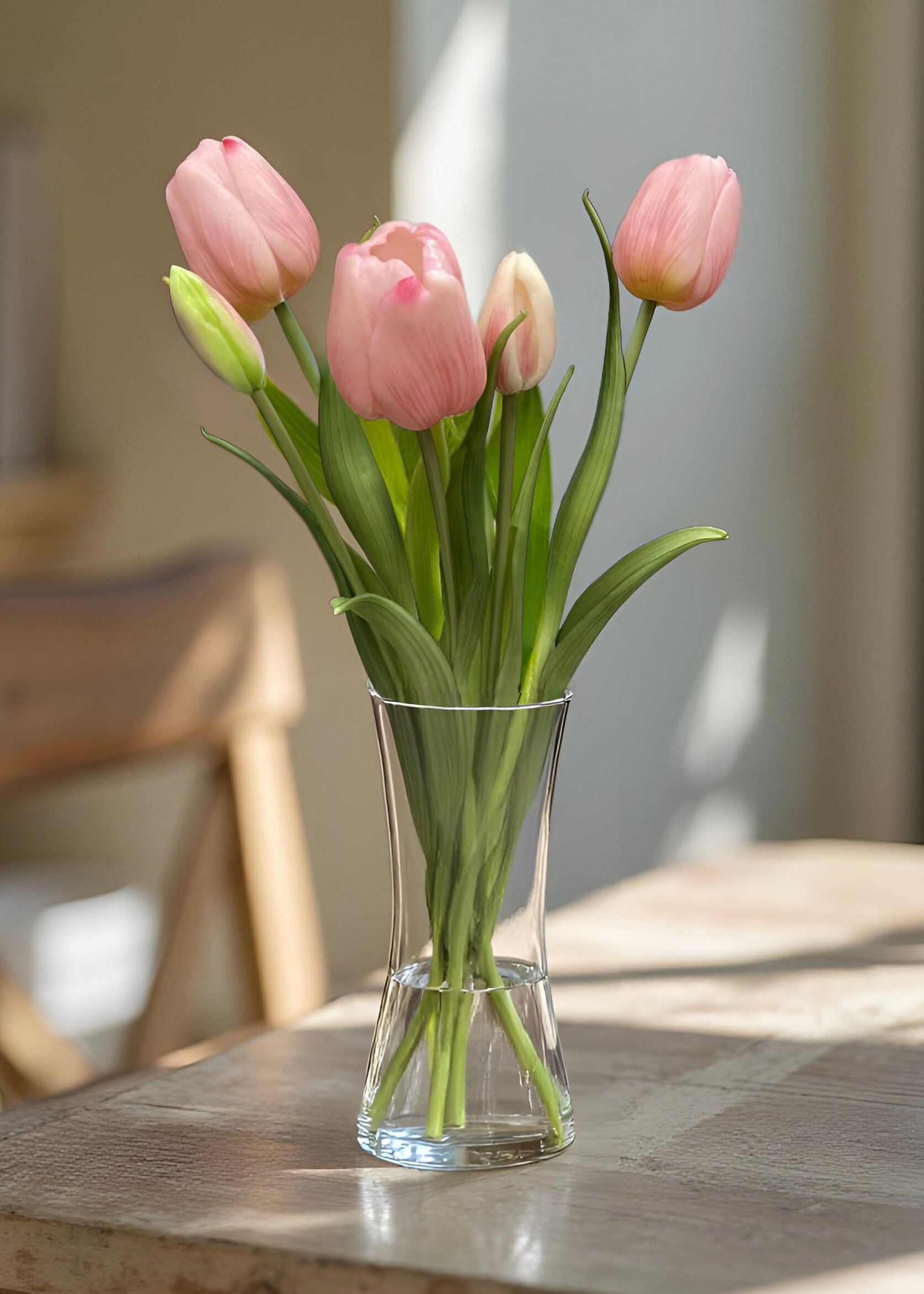 ITEM 10196 PK - 18" FRESH TOUCH PINK DAY DREAM TULIP BUNDLE (3 FLOWERS & 2 BUDS TO A BUNDLE)