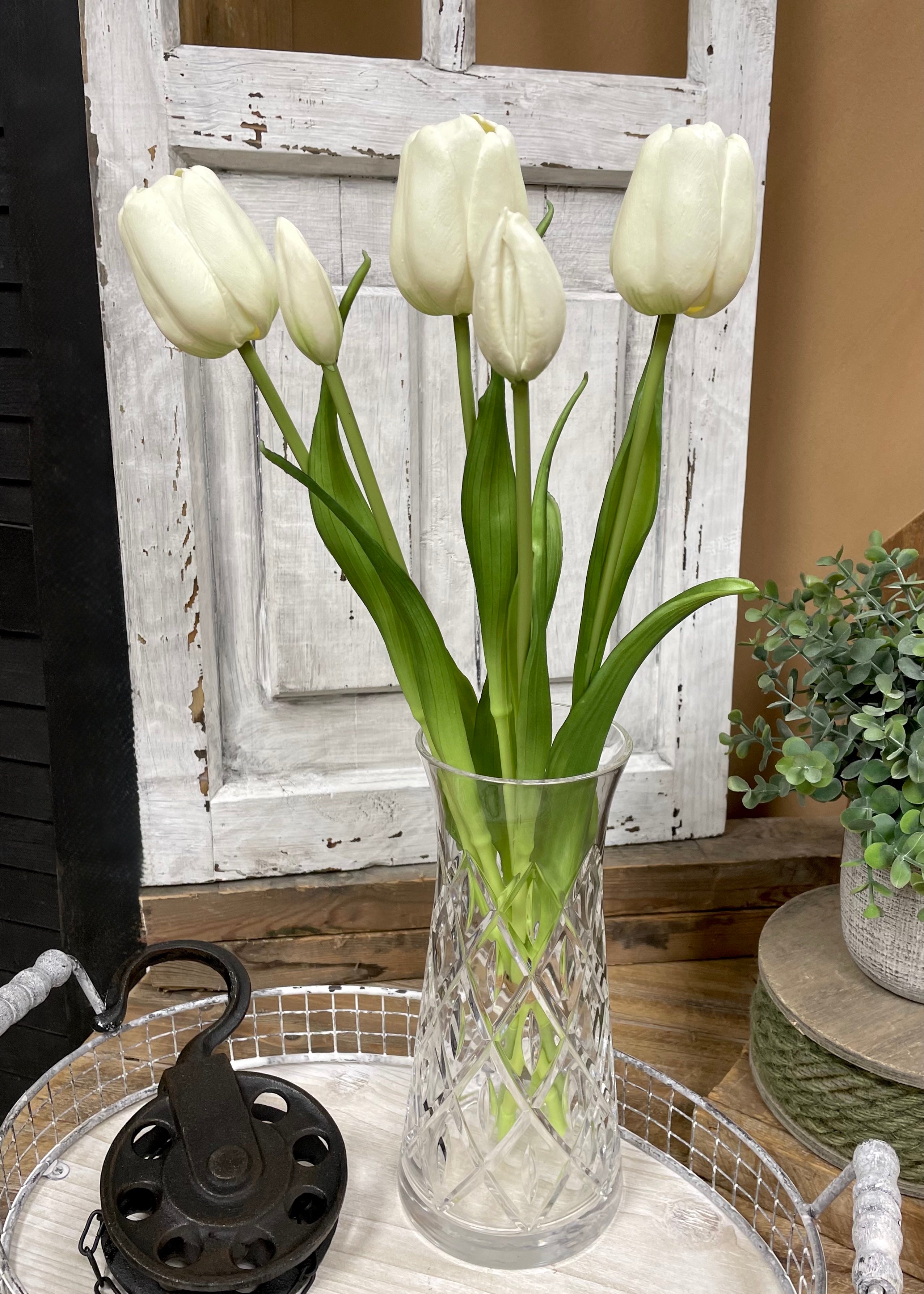 ITEM 10196 W - 18" FRESH TOUCH WHITE DAY DREAM TULIP BUNDLE (3 FLOWERS & 2 BUDS TO A BUNDLE)