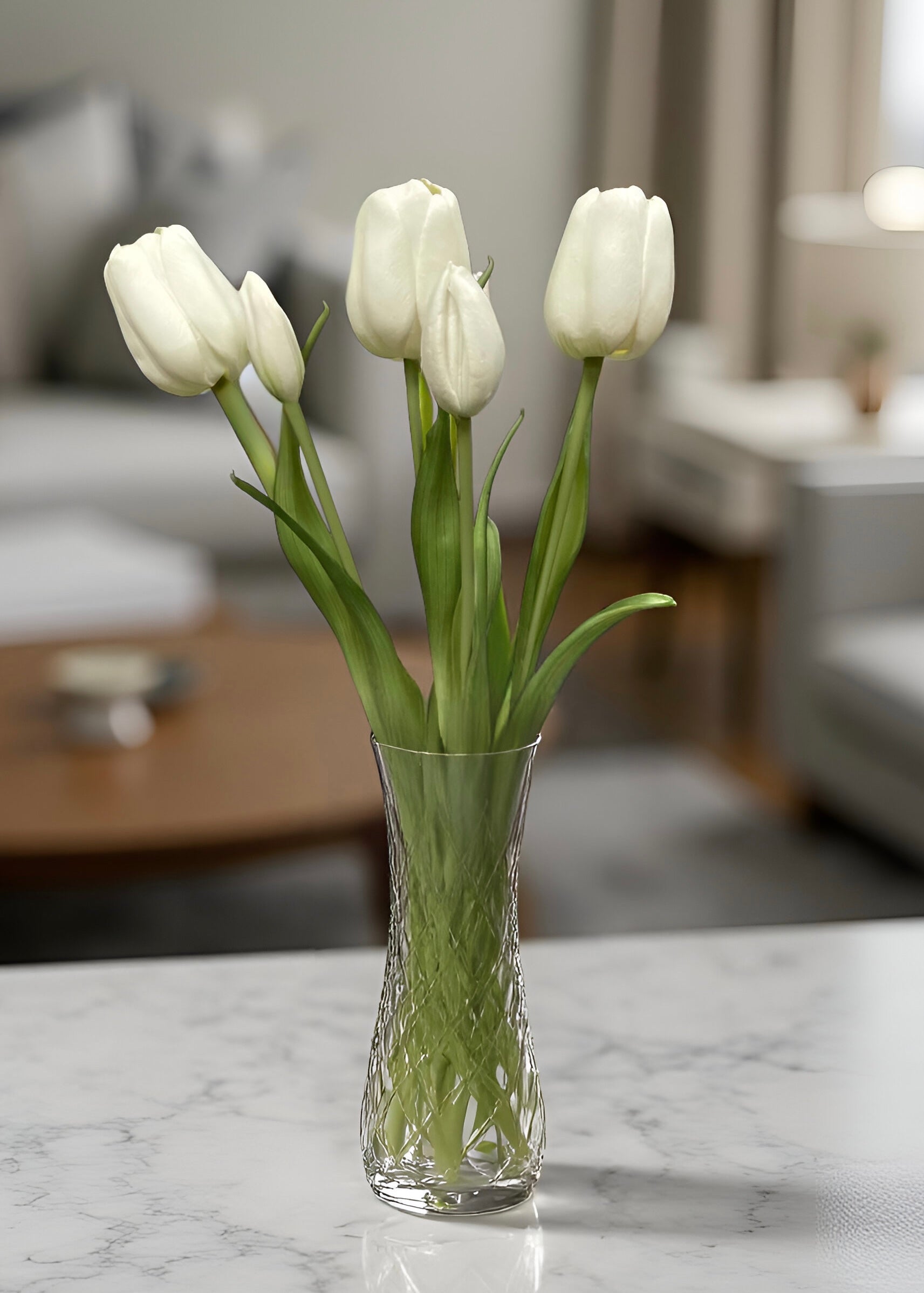ITEM 10196 W(AVAILABLE) - 18" FRESH TOUCH WHITE DAY DREAM TULIP BUNDLE (3 FLOWERS & 2 BUDS TO A BUNDLE)