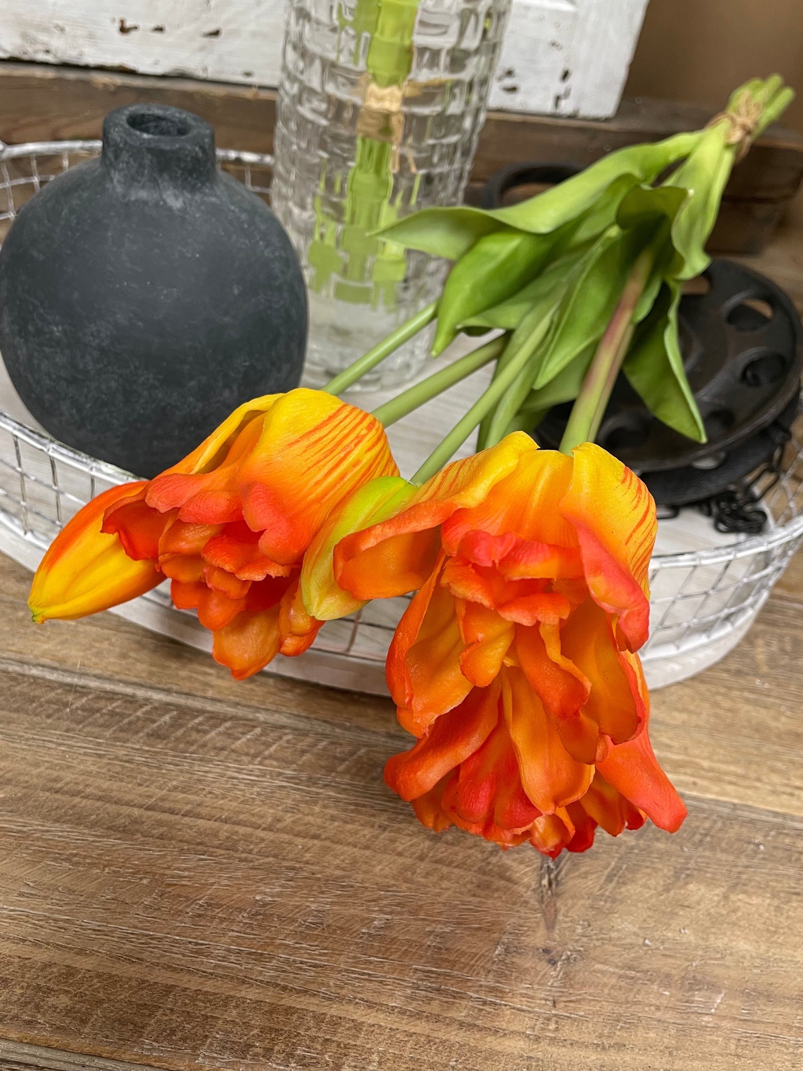 ITEM 10198 O - 18" FRESH TOUCH RUFFLED ORANGE PARROT TULIP BUNDLE (3 FLOWERS & 2 BUDS TO A BUNDLE)