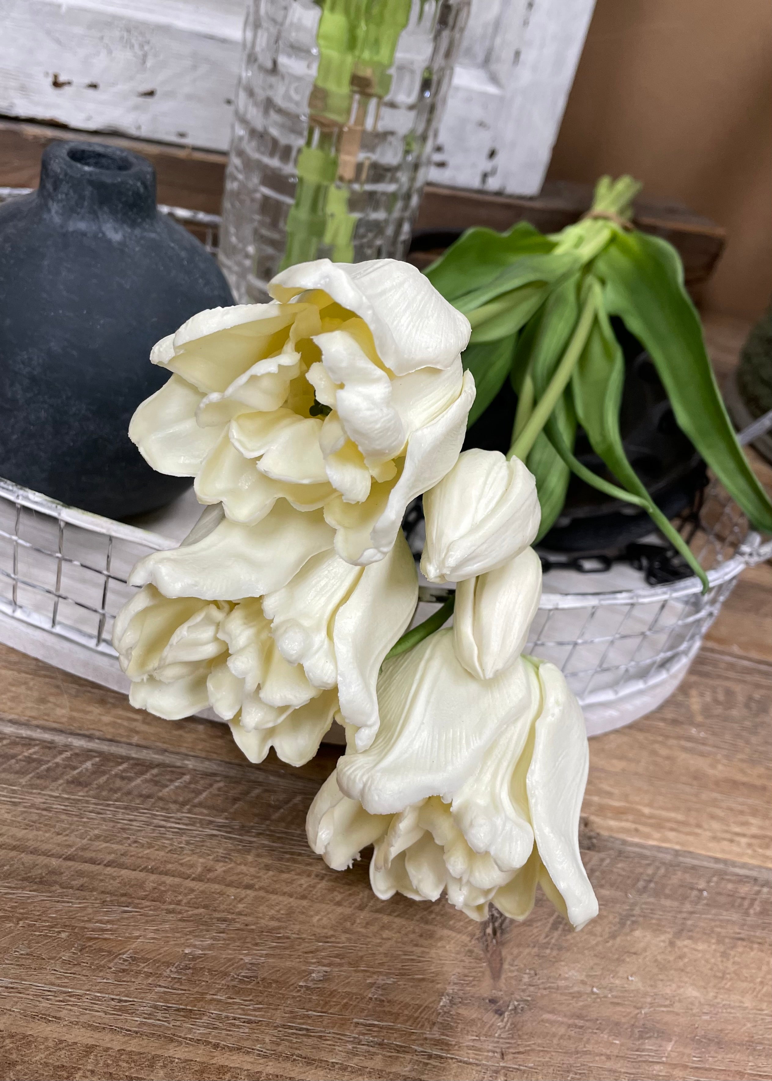 ITEM 10198 W - 18" FRESH TOUCH RUFFLED WHITE PARROT TULIP BUNDLE (3 FLOWERS & 2 BUDS TO A BUNDLE)