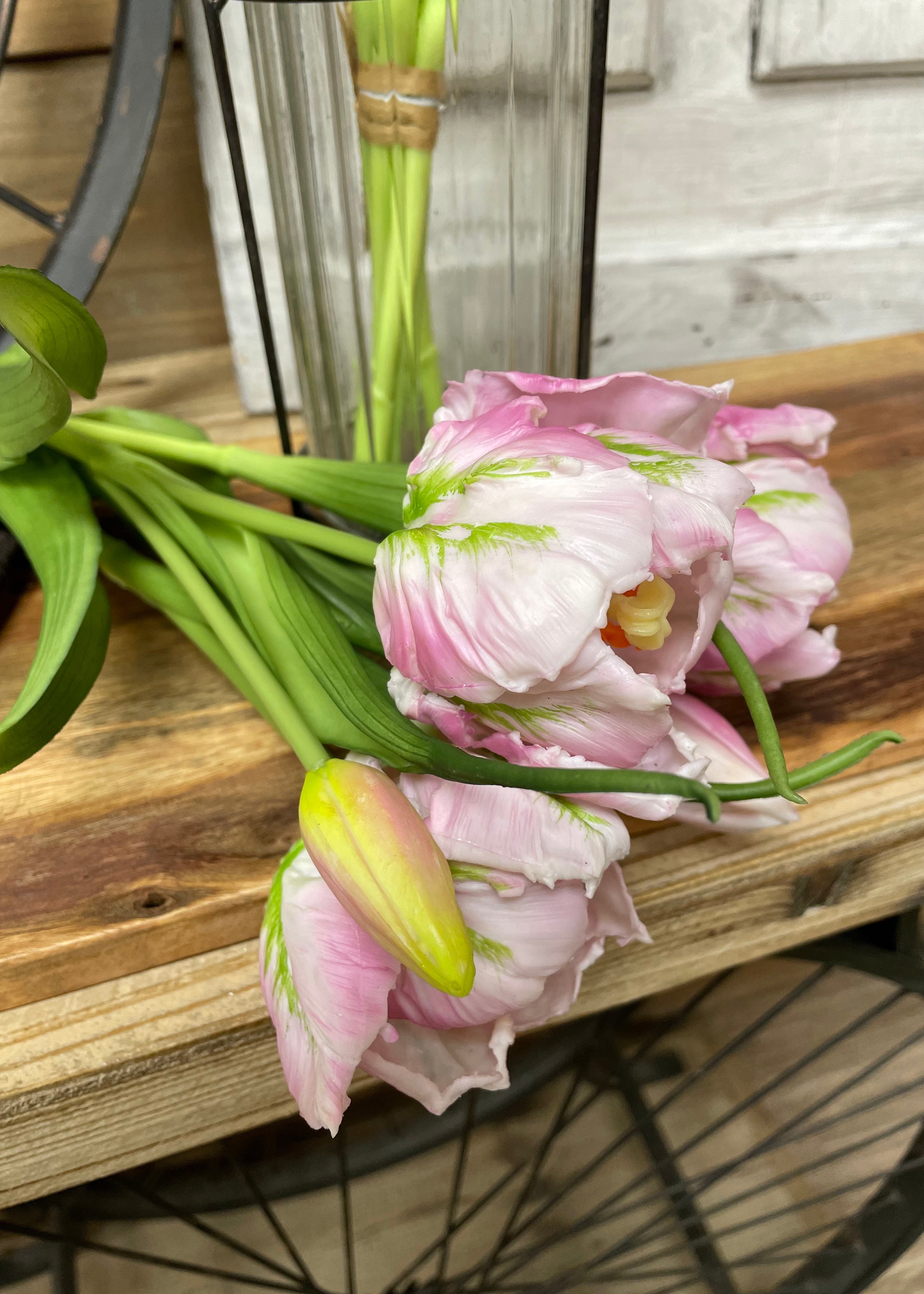 ITEM 10199 LV - 16" FRESH TOUCH LAVENDER/GREEN TULIPA PARROT TULIP BUNDLE (3 FLOWERS & 2 BUDS TO A BUNDLE)