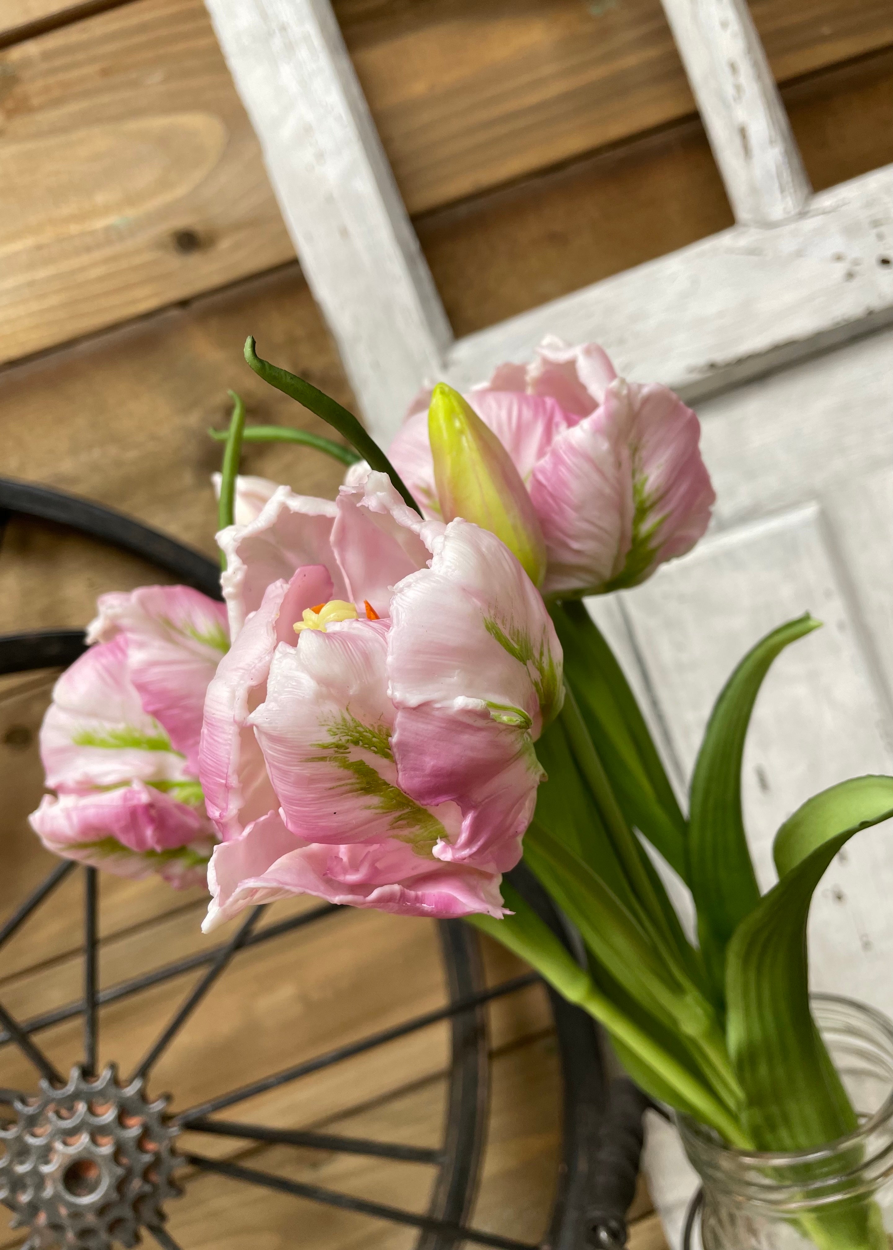 ITEM 10199 LV - 16" FRESH TOUCH LAVENDER/GREEN TULIPA PARROT TULIP BUNDLE (3 FLOWERS & 2 BUDS TO A BUNDLE)