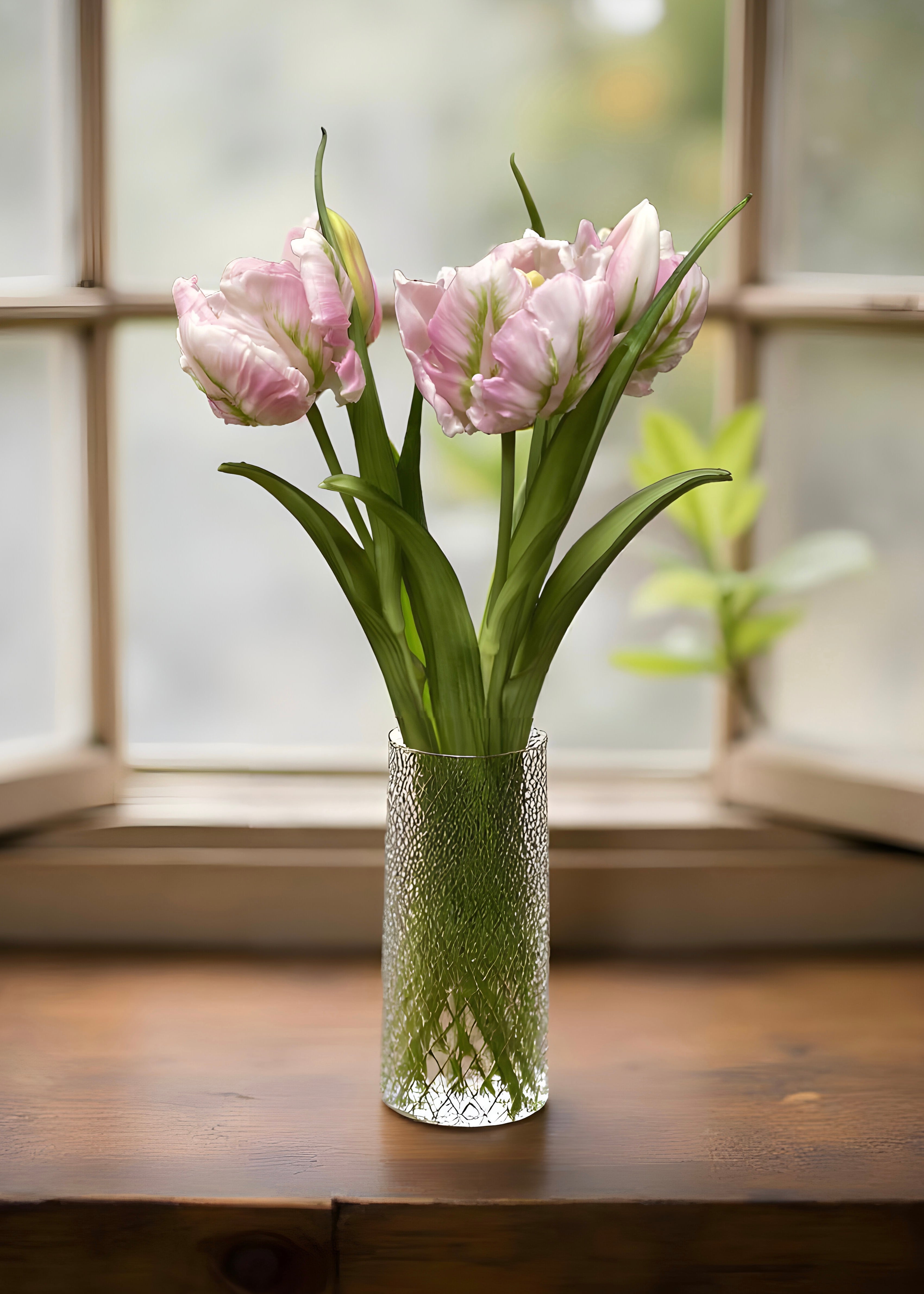 ITEM 10199 LV - 16" FRESH TOUCH LAVENDER/GREEN TULIPA PARROT TULIP BUNDLE (3 FLOWERS & 2 BUDS TO A BUNDLE)