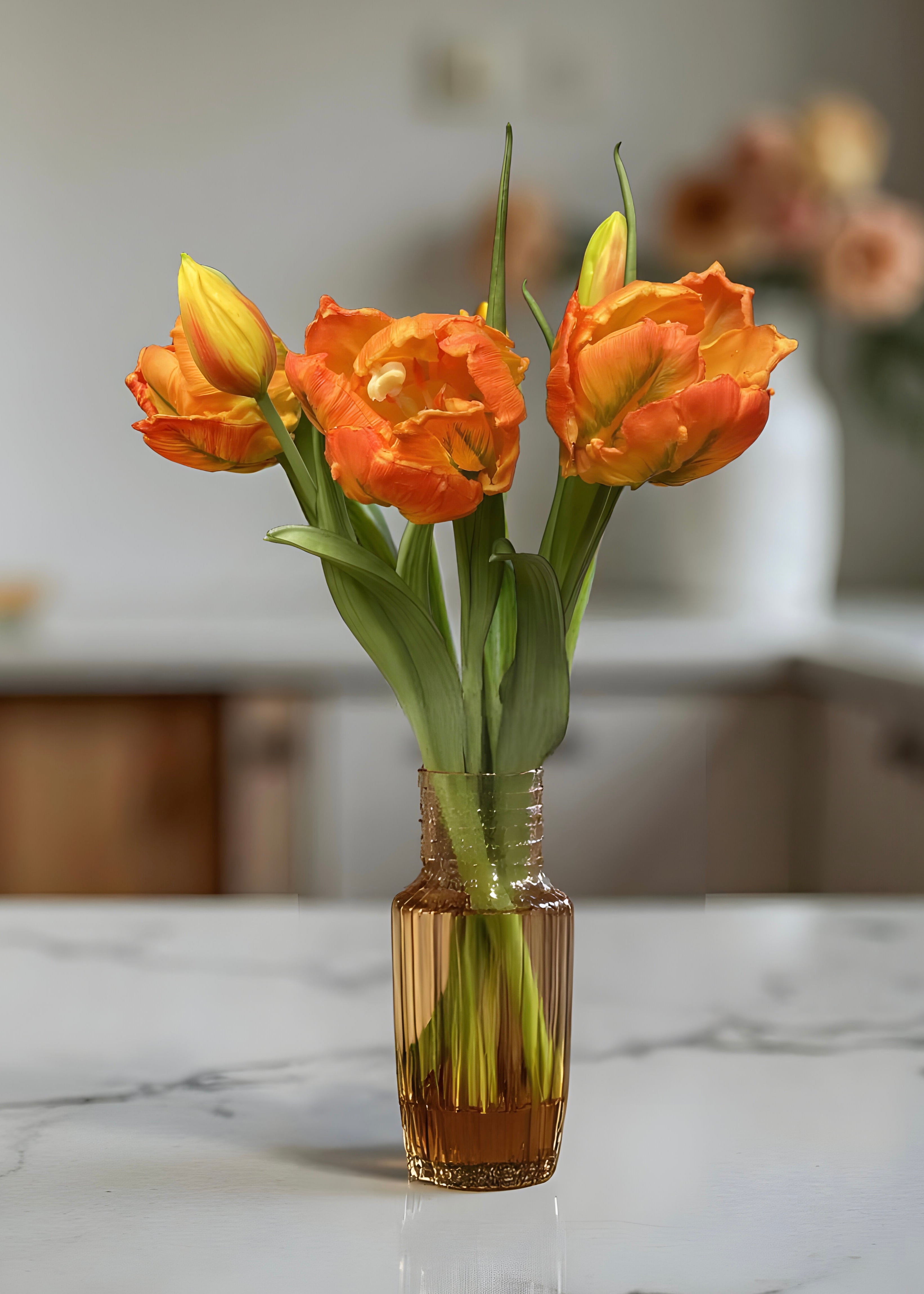 ITEM 10199 O - 16" FRESH TOUCH ORANGE/GREEN TULIPA PARROT TULIP BUNDLE (3 FLOWERS & 2 BUDS TO A BUNDLE)