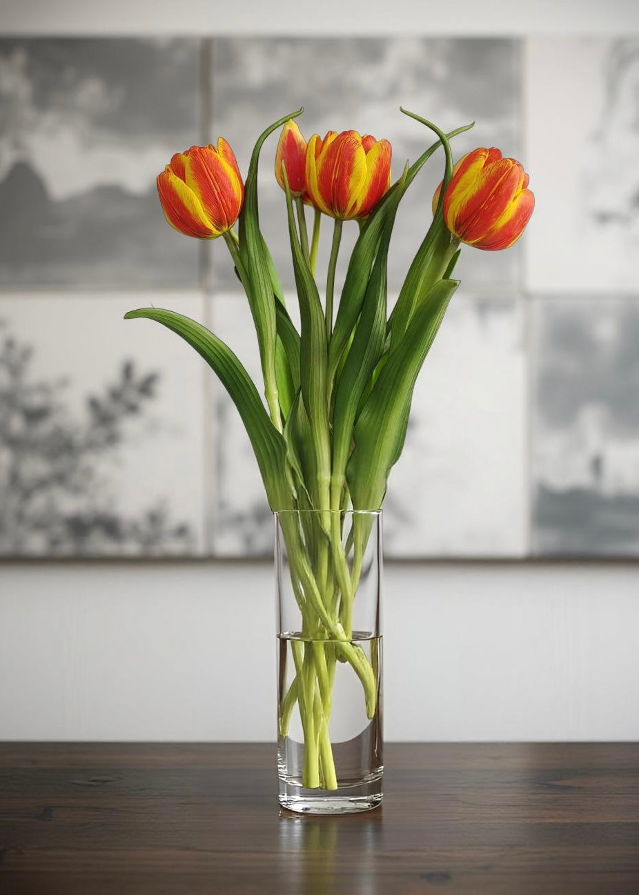 ITEM 10200 O - 16.5" FRESH TOUCH ORANGE/YELLOW DOUBLE LATE TULIP BUNDLE (3 FLOWERS & 2 BUDS TO A BUNDLE)