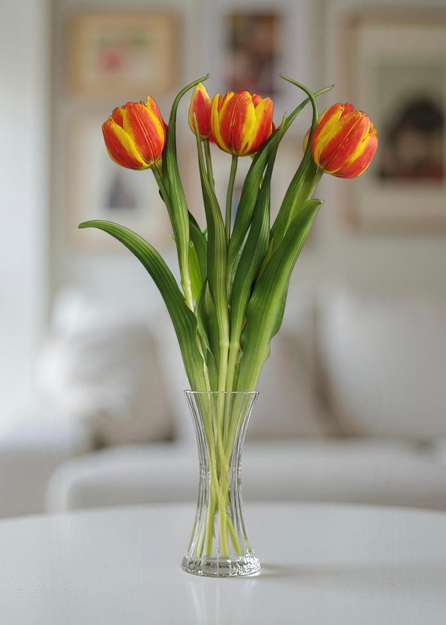 ITEM 10200 O - 16.5" FRESH TOUCH ORANGE/YELLOW DOUBLE LATE TULIP BUNDLE (3 FLOWERS & 2 BUDS TO A BUNDLE)