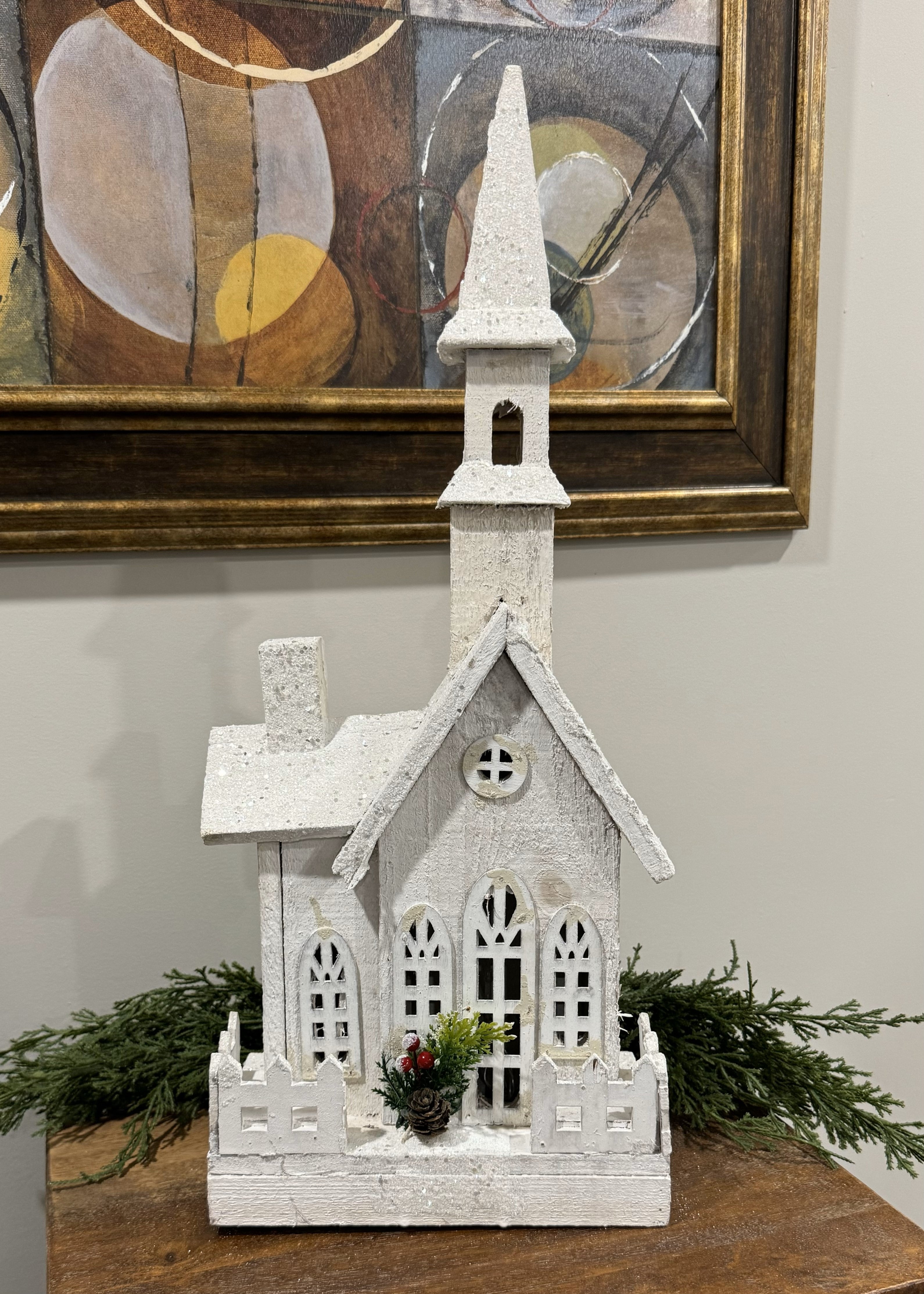 ITEM 1672 - 8.75" X 5" X 21" LED WHITE WOODEN CHURCH WITH FENCE WITH TIMER