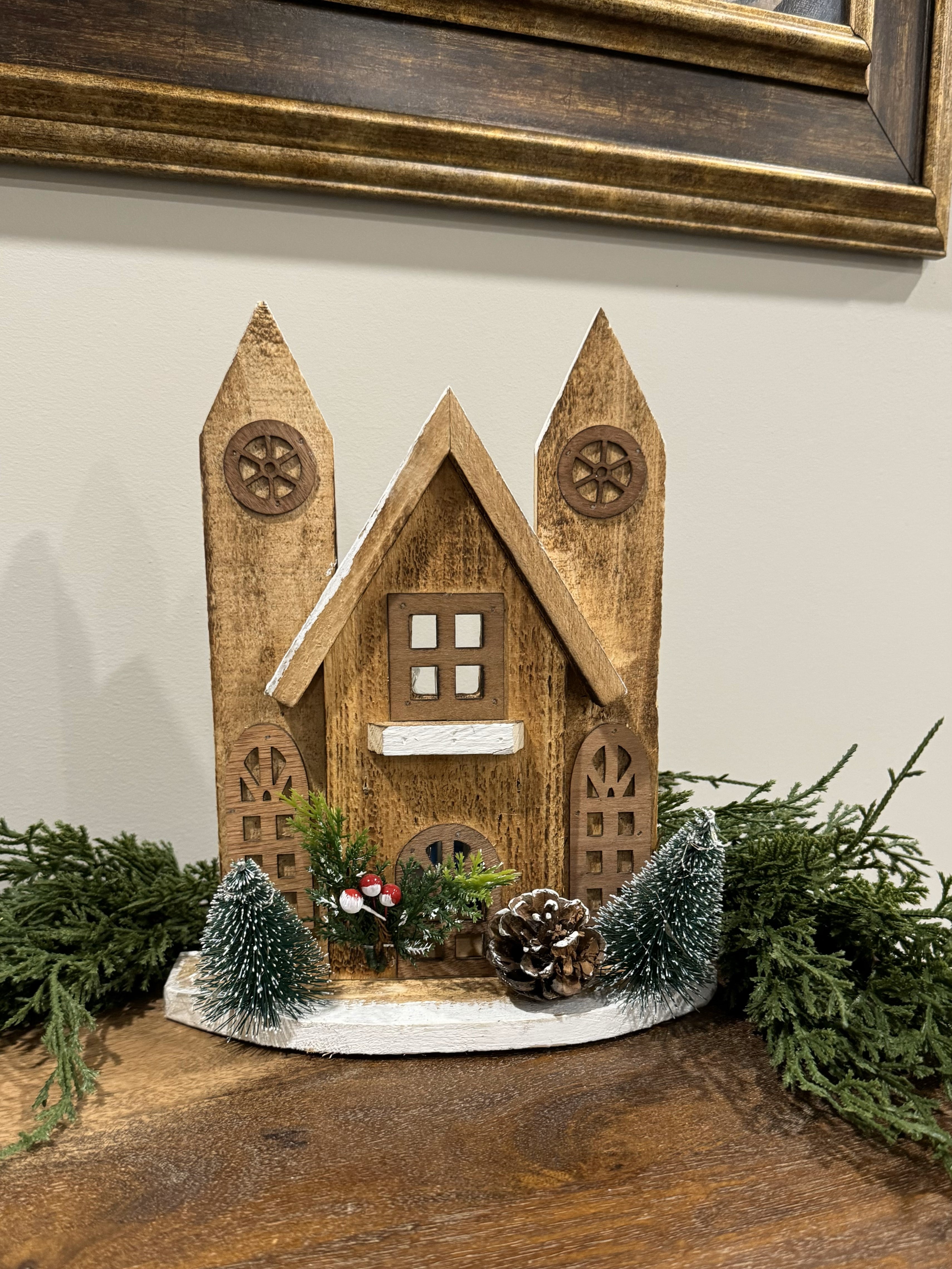 ITEM 1676 - 8.5" X 3.5" X 10" LED NATURAL WOODEN CATHEDRAL WITH TIMER