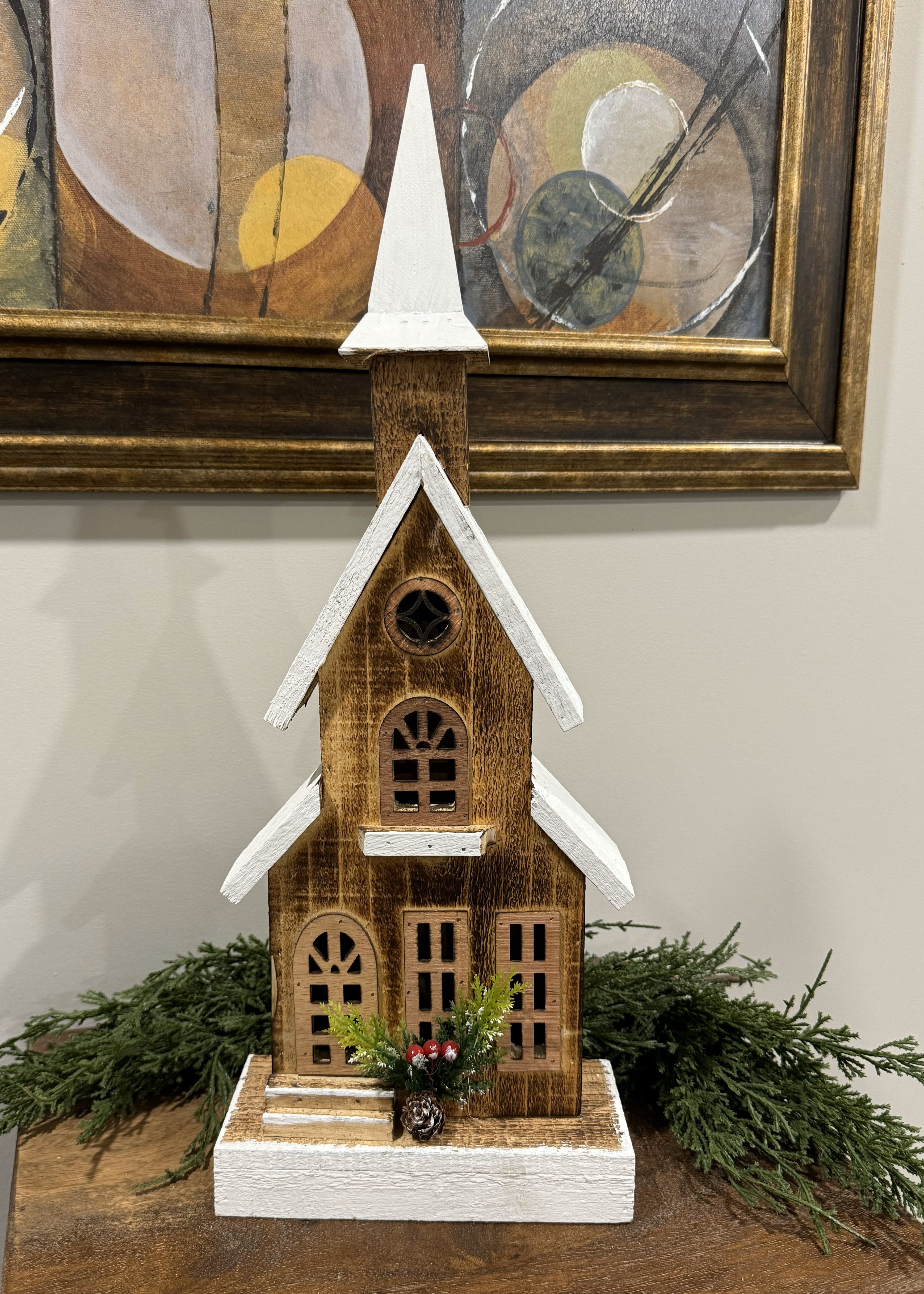 ITEM 1681 - 7.5" X 3.5" X 19.75" LED NATURAL WOODEN CHURCH WITH TIMER