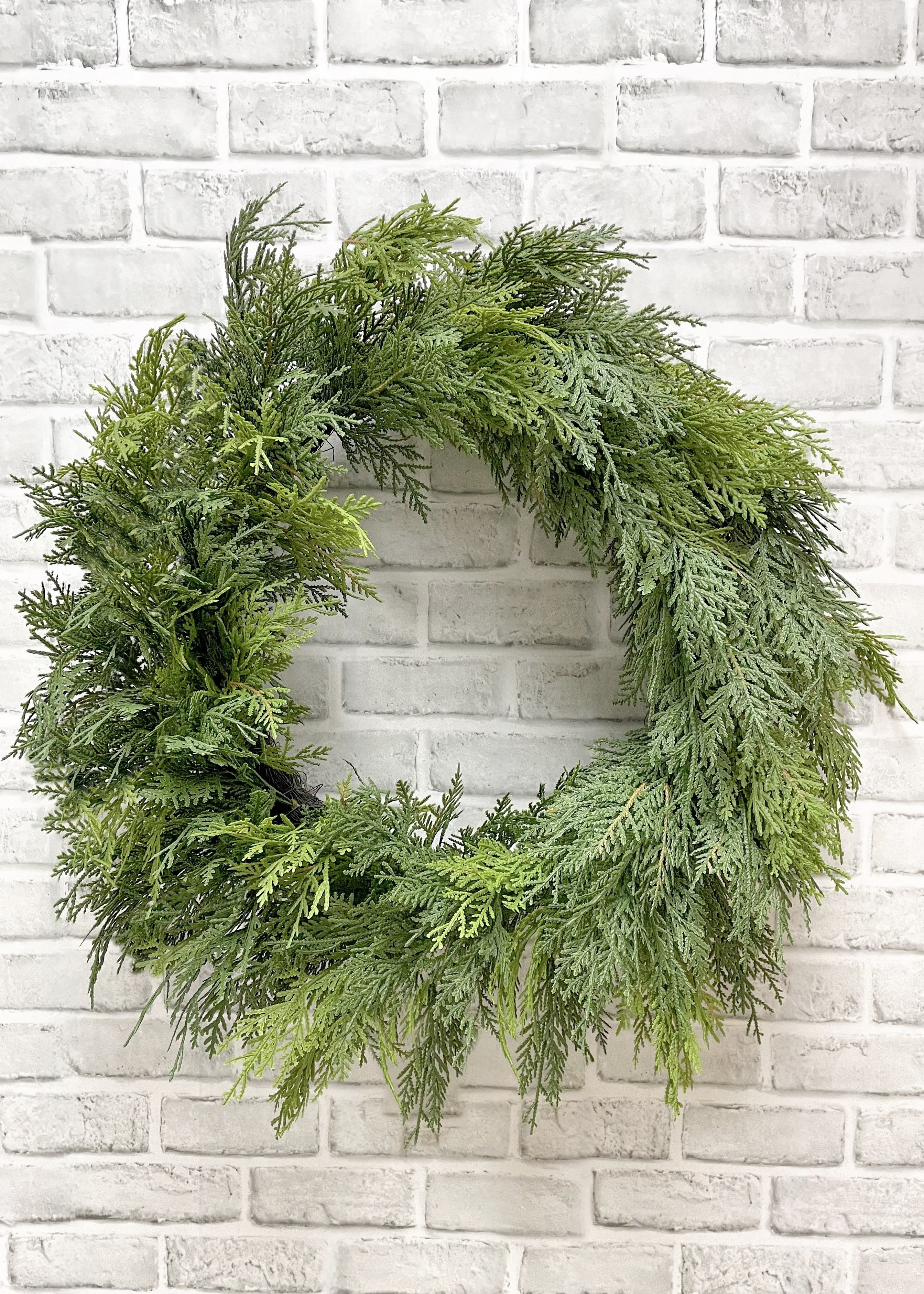 ITEM 81856 - 14" INS DIM, 25" OUT DIM, FRESH TOUCH NORTHERN WHITE CEDAR WREATH ON BACKING