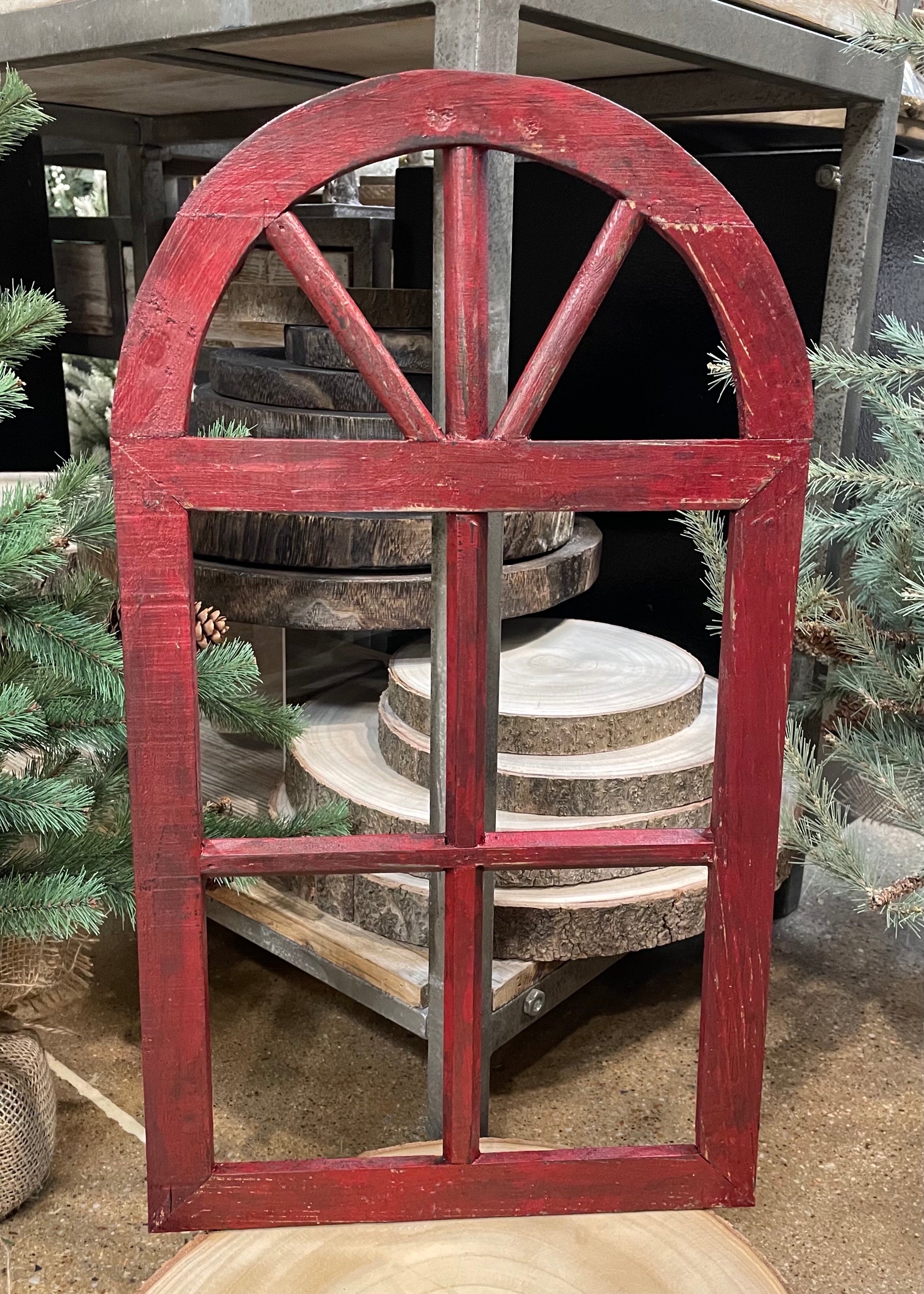 ITEM AP037450 - 20.75"H X 12"W ANTIQUE RED ROUNDED WOOD WINDOW