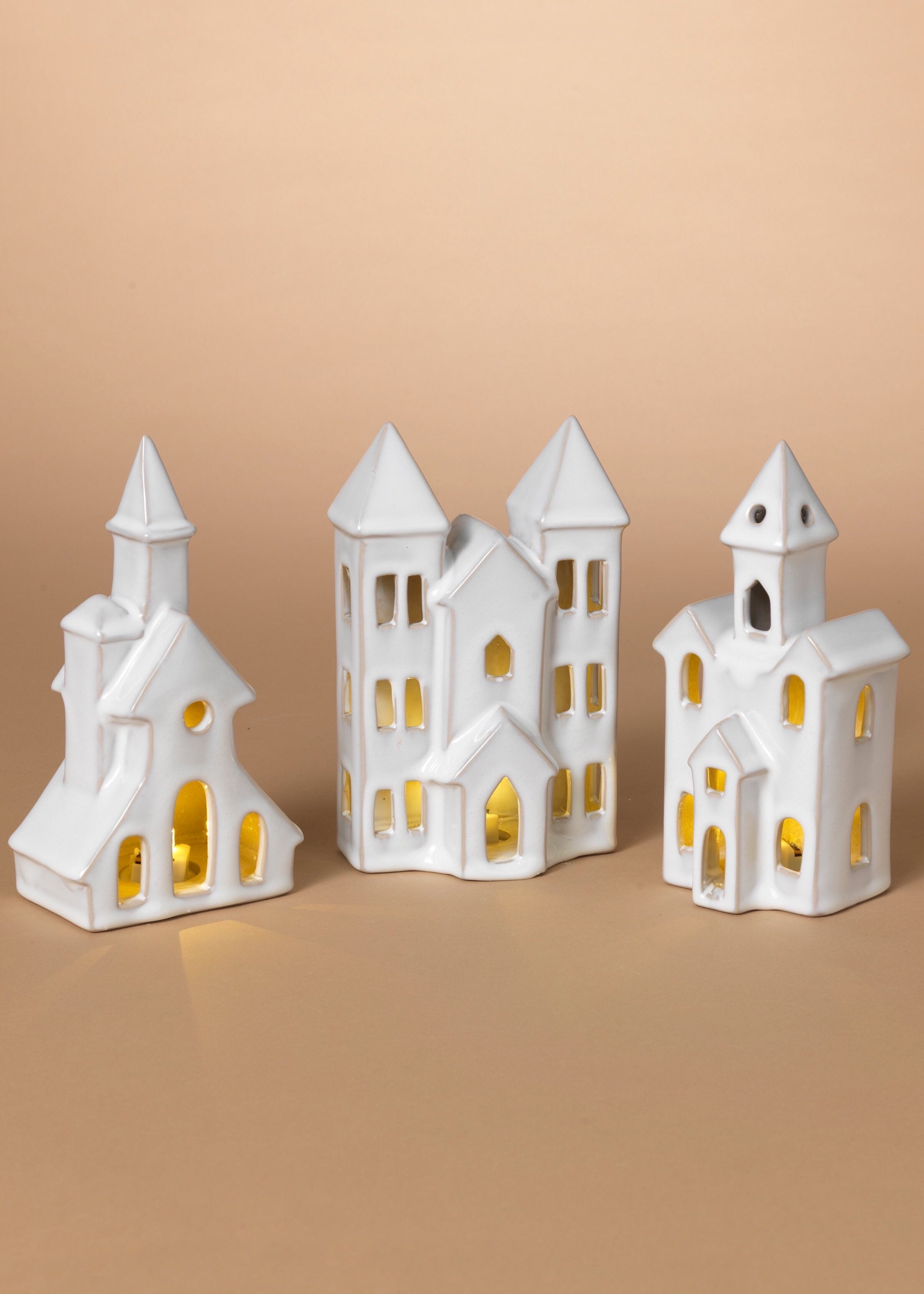 ITEM G2739910 - B/O LIGHTED CERAMIC HOMES, LG IS 6.93"H - SET OF 3