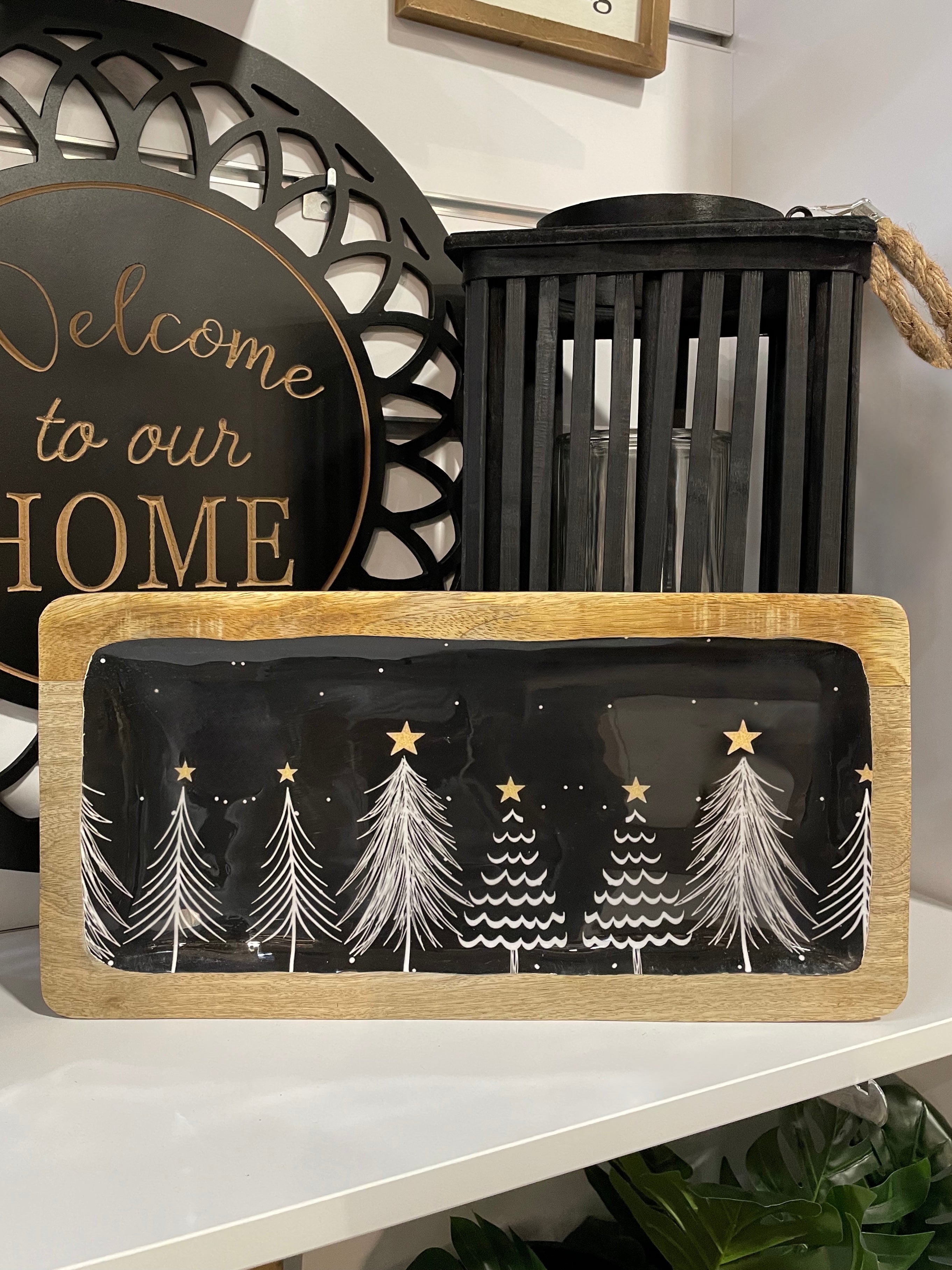 ITEM KOP 84607 - 15.5"X7.75"X1" WOOD WITH BLACK ENAMELTREE DESIGN SERVING PLATE