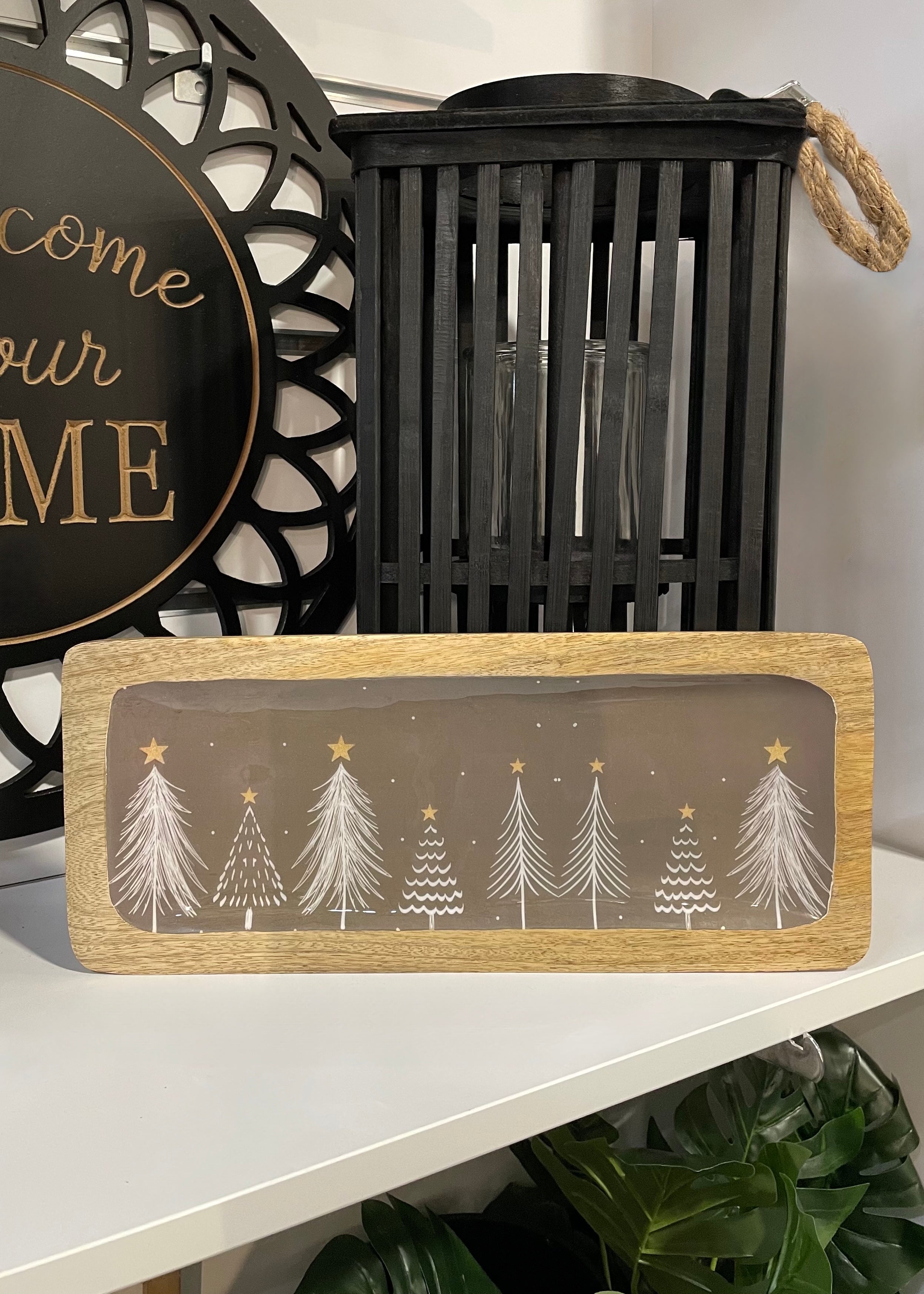 ITEM KOP 84608 - 13.5"X6"X1" WOOD WITH TAUPE ENAMEL TREE DESIGN SERVING PLATE