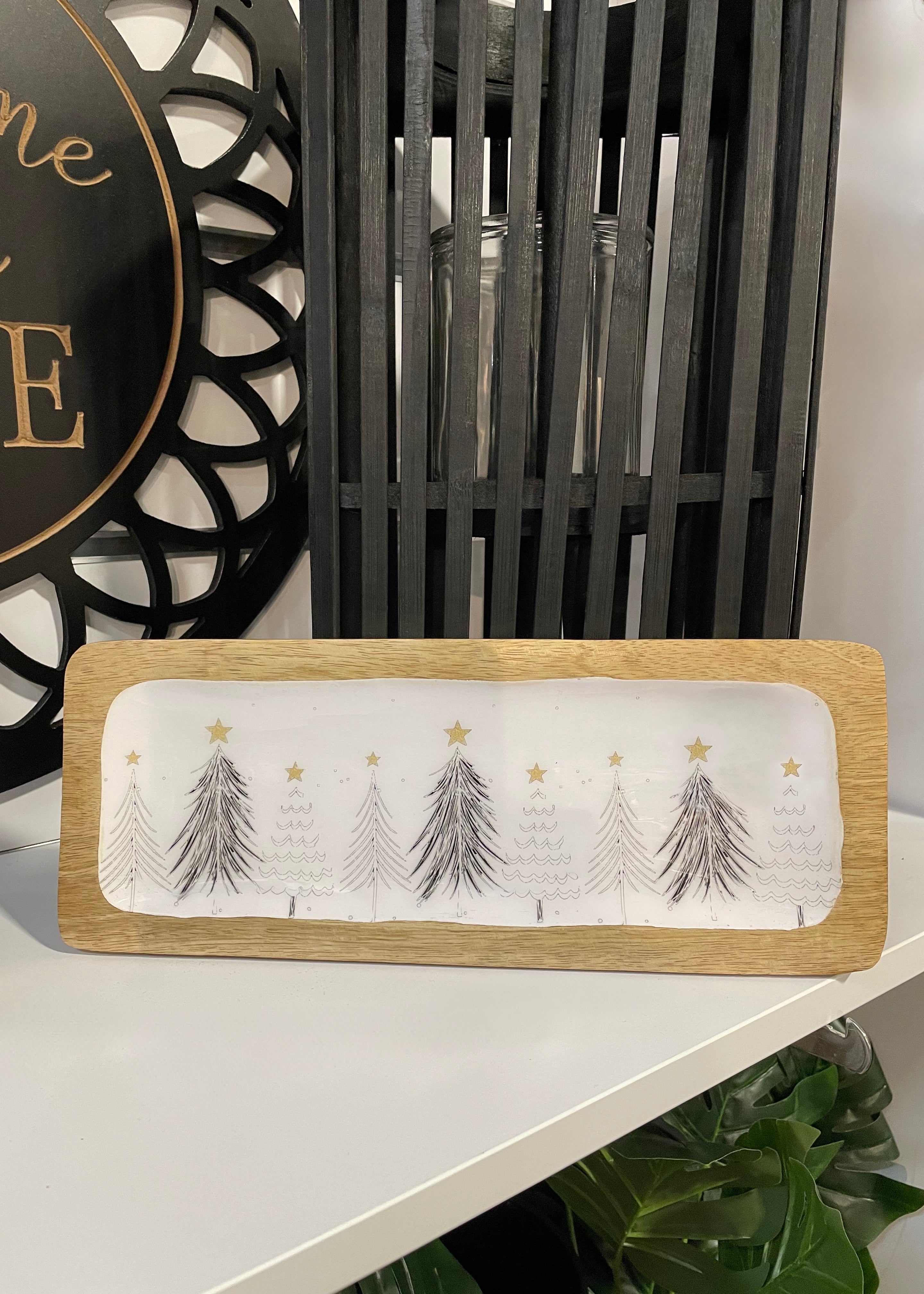 ITEM KOP 84609 - 11.75"X4.75"X1" WOOD WITH WHITE ENAMEL TREE DESIGN SERVING PLATE