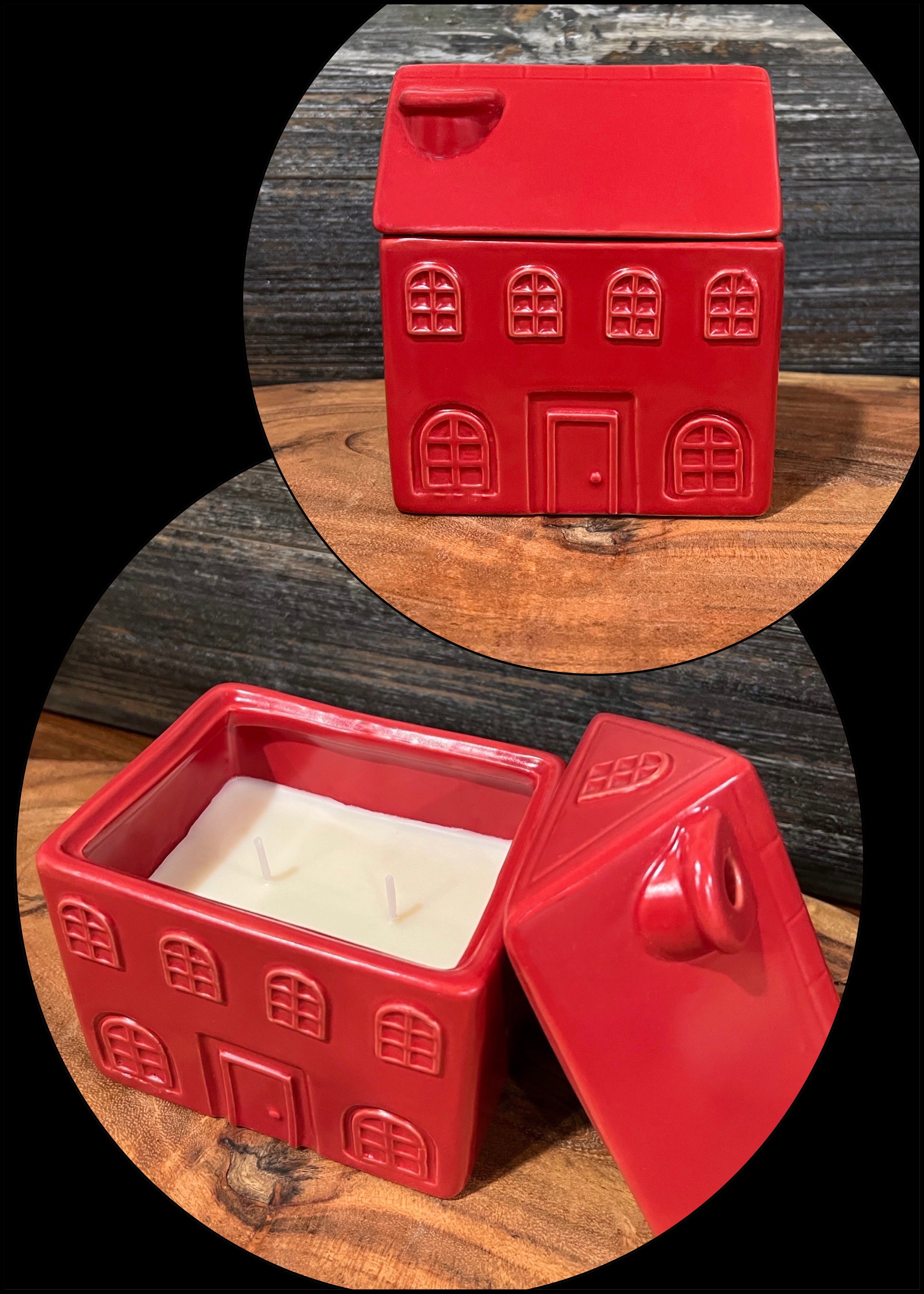 ITEM XMFG2005 - 4.25"X3.5X4.75" (9.2OZ) CRANBERRY SCENTED CERAMIC HOUSE CANDLE