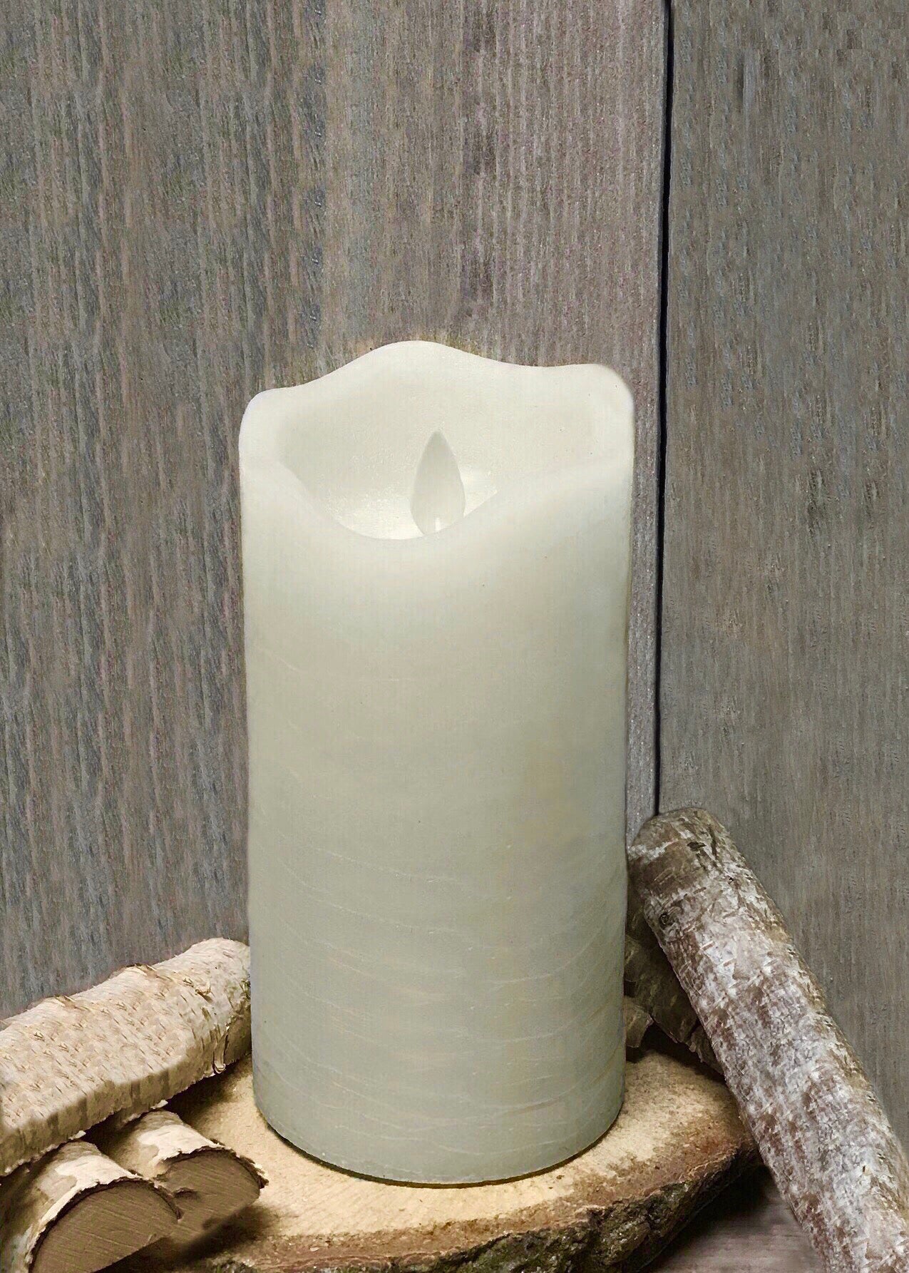 ITEM 1571 IVORY - 3"X7" IVORY RUSTIC FINISH MOVING FLAME LED PILLAR