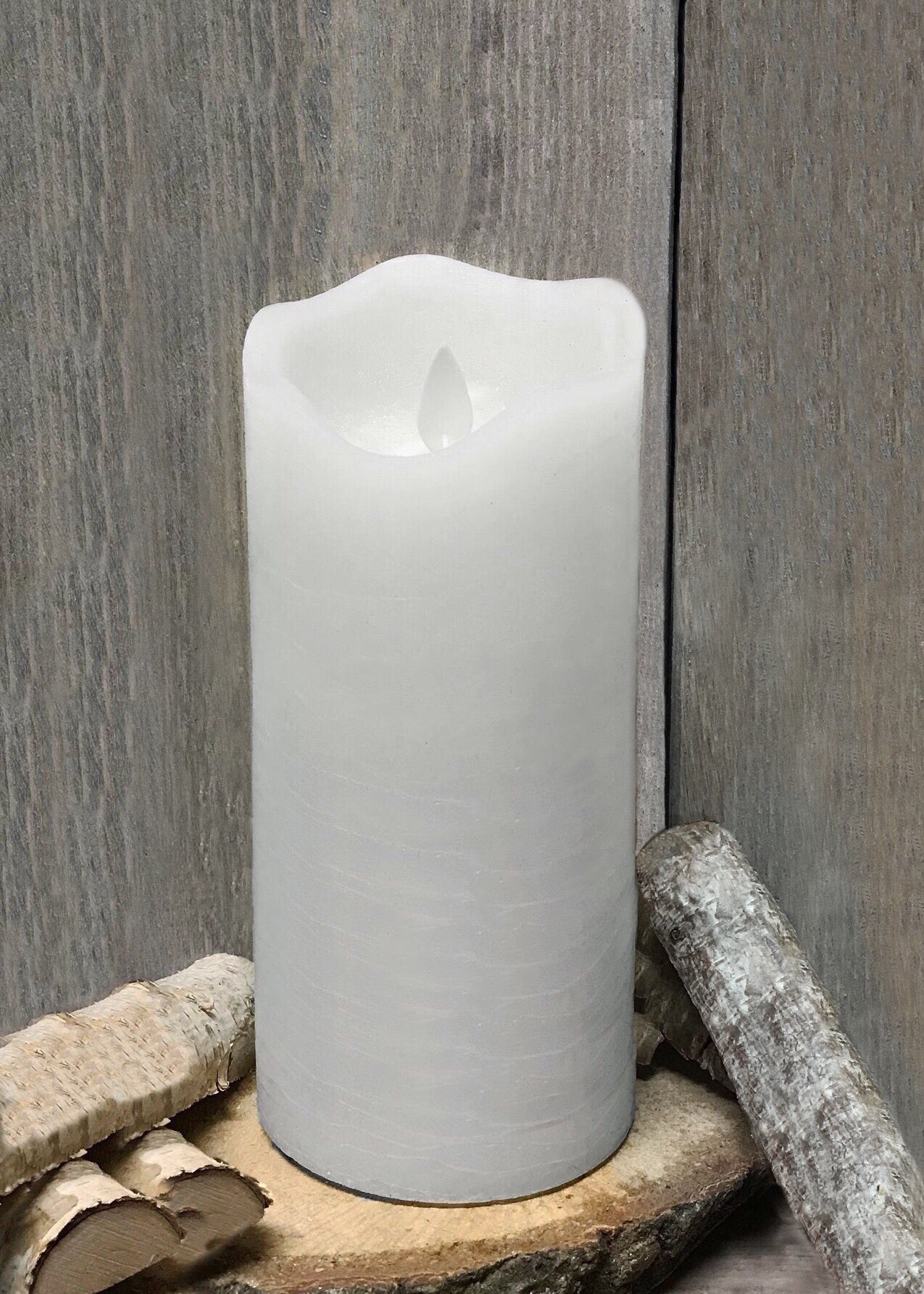 ITEM 1572 W - 3"X8" WHITE RUSTIC FINISH MOVING FLAME LED PILLAR