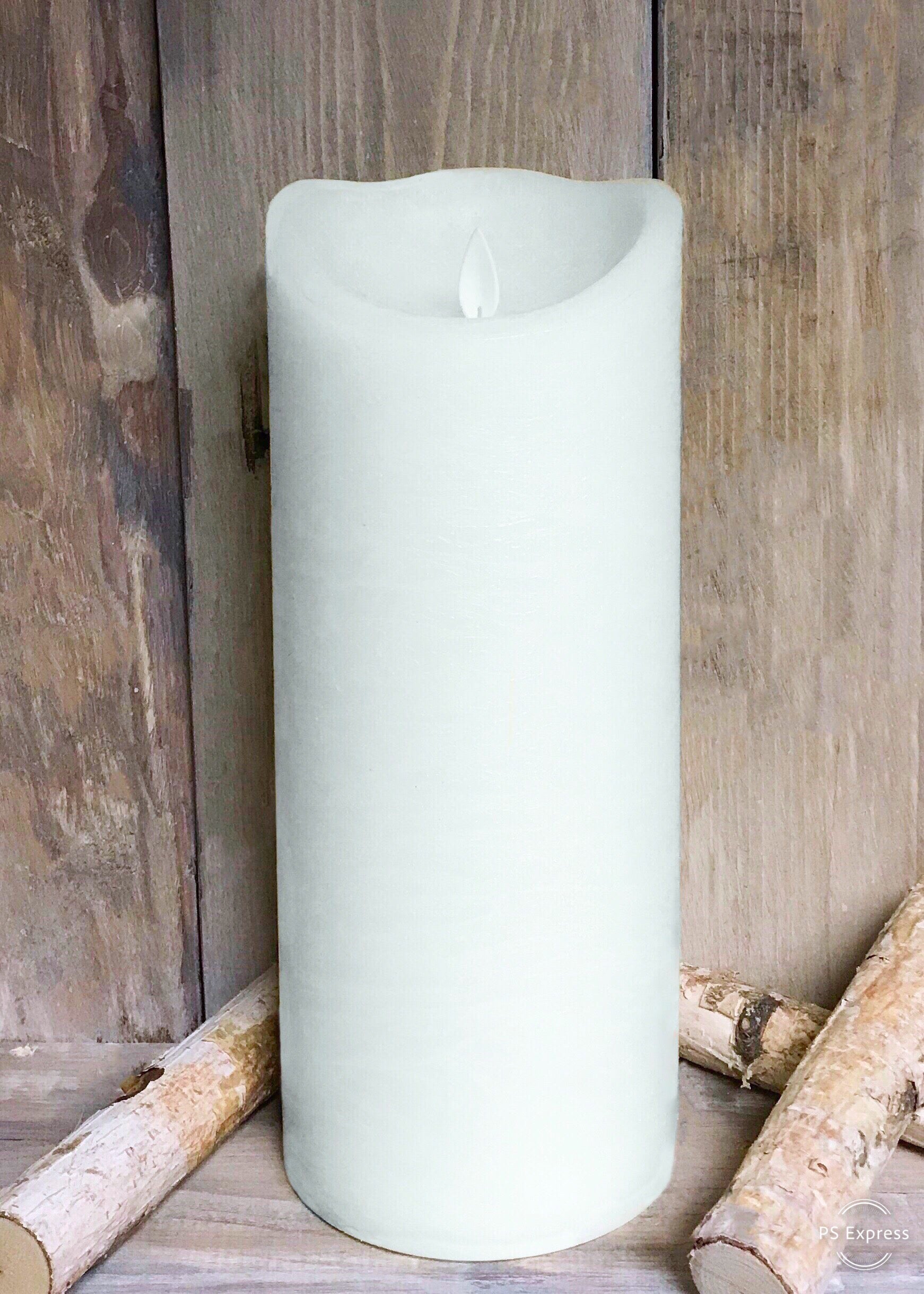 ITEM 1576 W - 4"X10" WHITE RUSTIC FINISH MOVING FLAME LED PILLAR