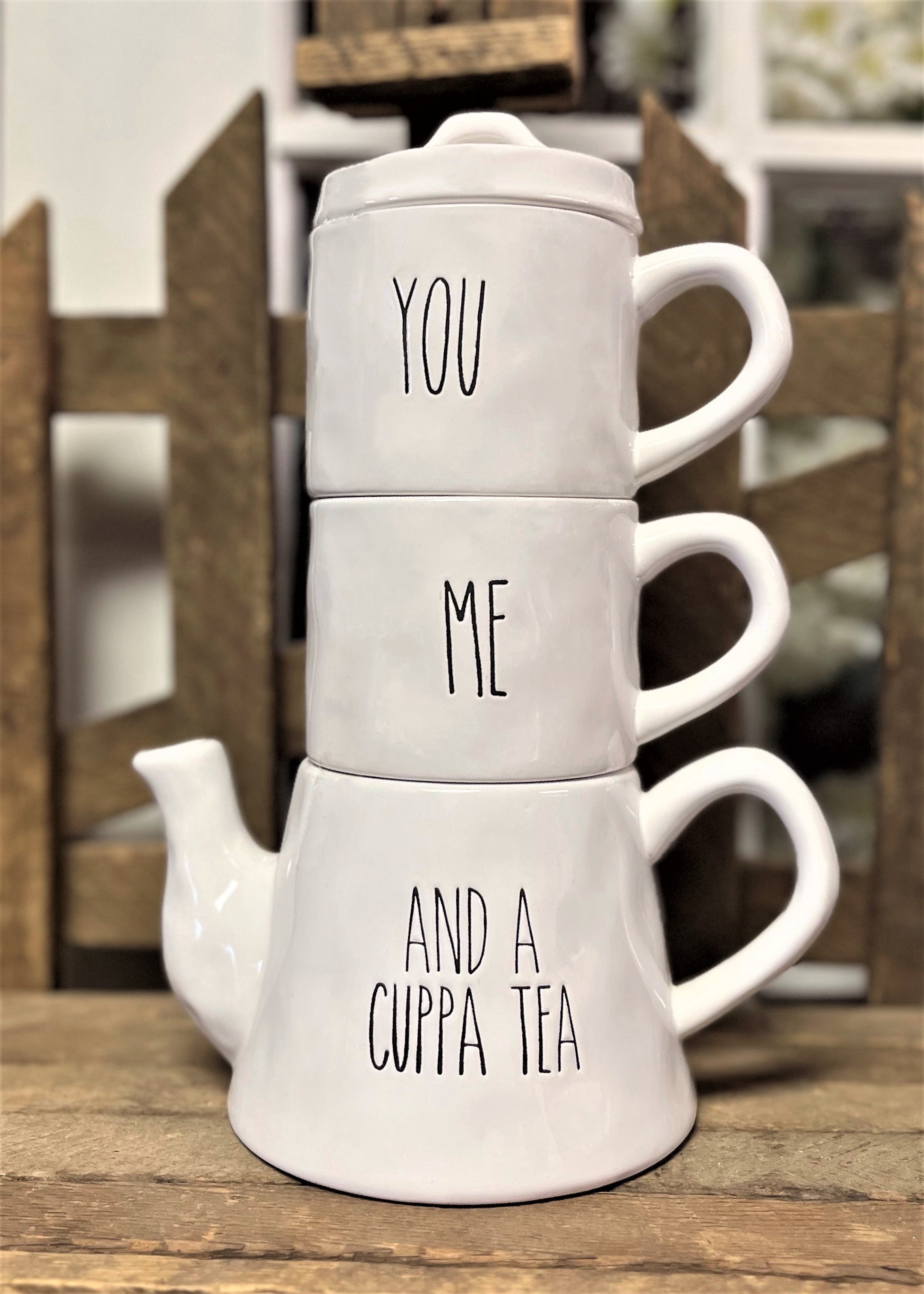 ITEM 65992 - CERAMIC FARMHOUSE MODERN "YOU", "ME", "AND A CUPPA TEA", TEA SET
