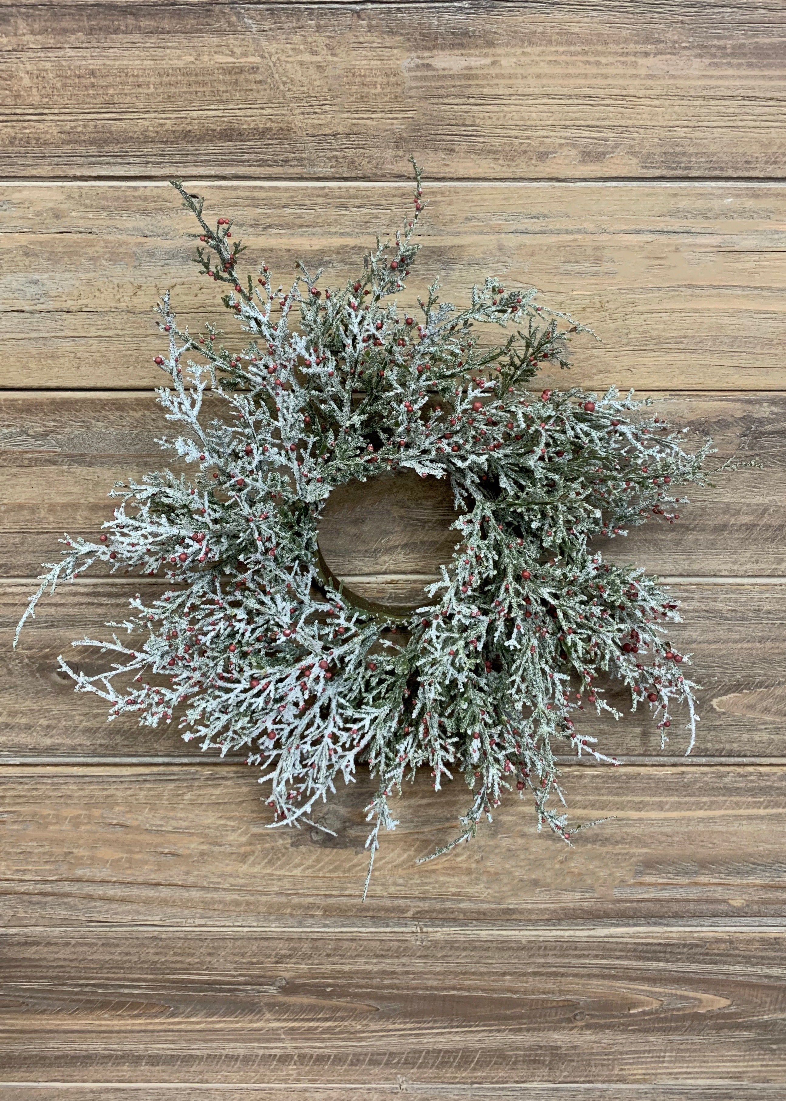 ITEM 81444 R - 3" INSIDE DIM, 11" OUTSIDE DIM GLITTERED CEDAR AND RED BERRIES CANDLE RING