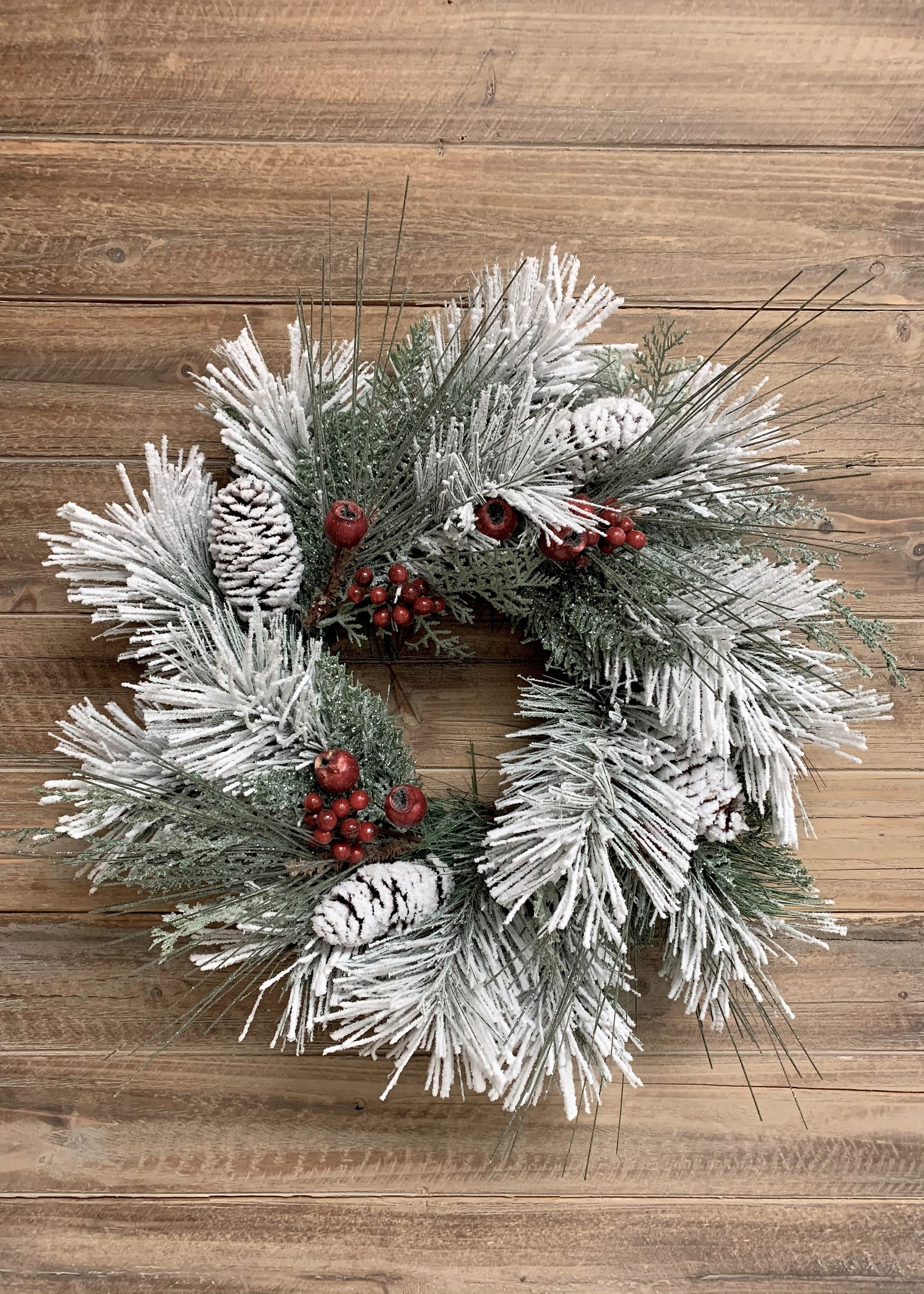 ITEM 81549 - 18" SNOWY LONG LEAF PINE WREATH WITH BERRIES AND PINE CONES