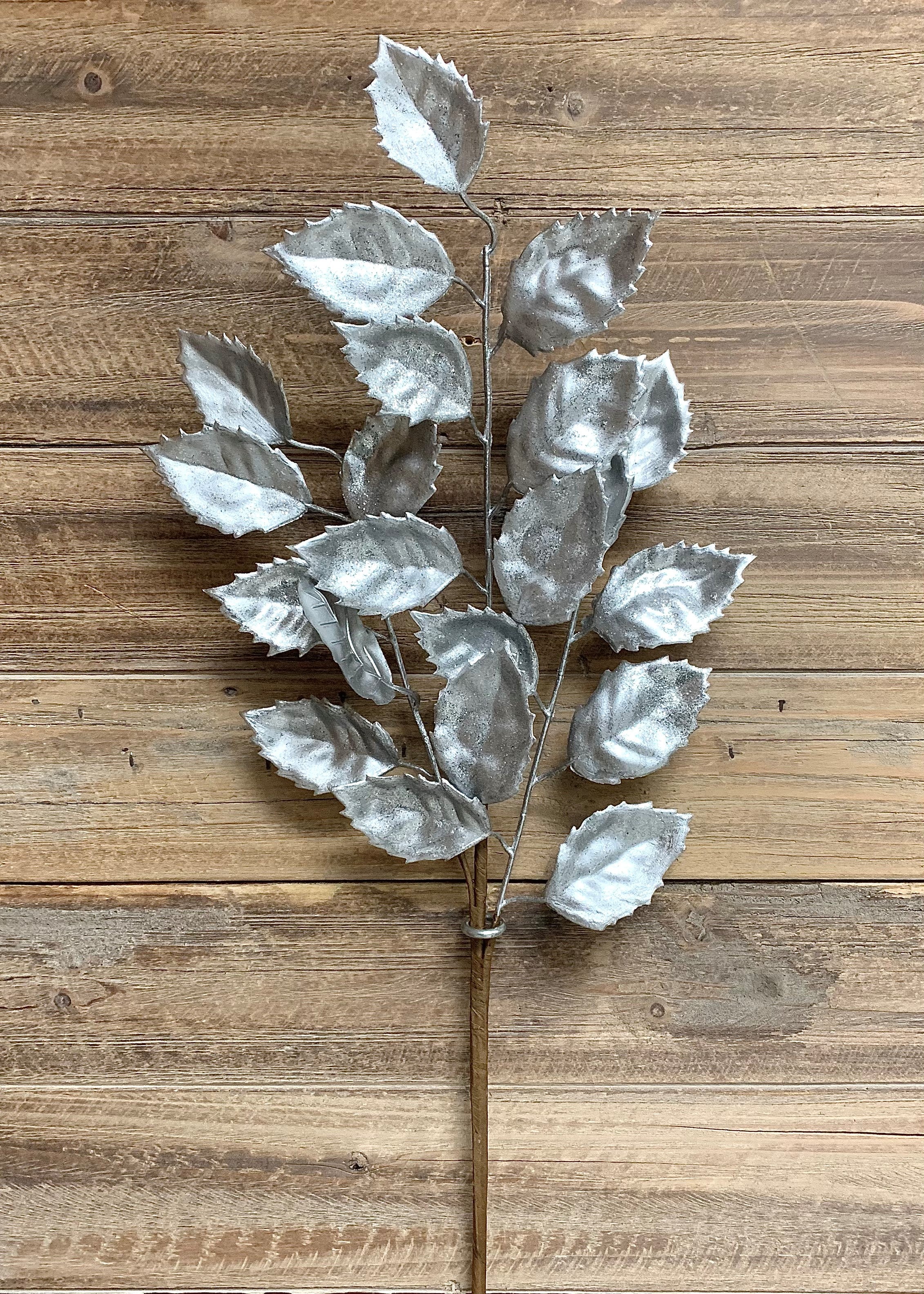 ITEM 81567 SILVER - 25" METALLIC GLITTERED SILVER MULBERRY LEAF SPRAY