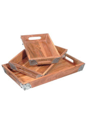 ITEM DS2310 - RECT. WOODEN TRAY WITH METAL CORNERS - SET OF 3