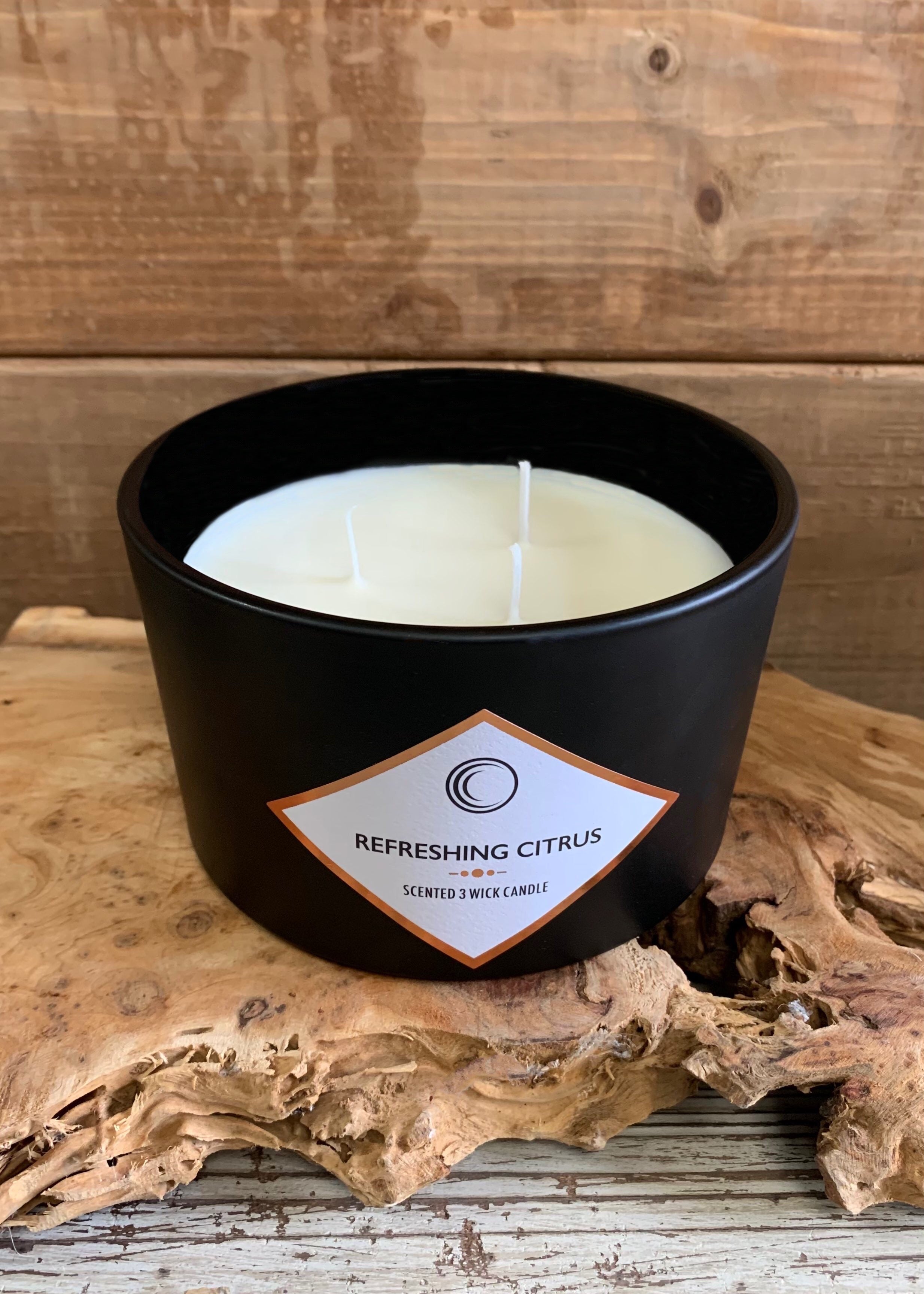 ITEM FG4009RC - 14oz REFRESHING CITRUS 3 WICK MATTE BLACK SCENTED CANDLE WITH LID