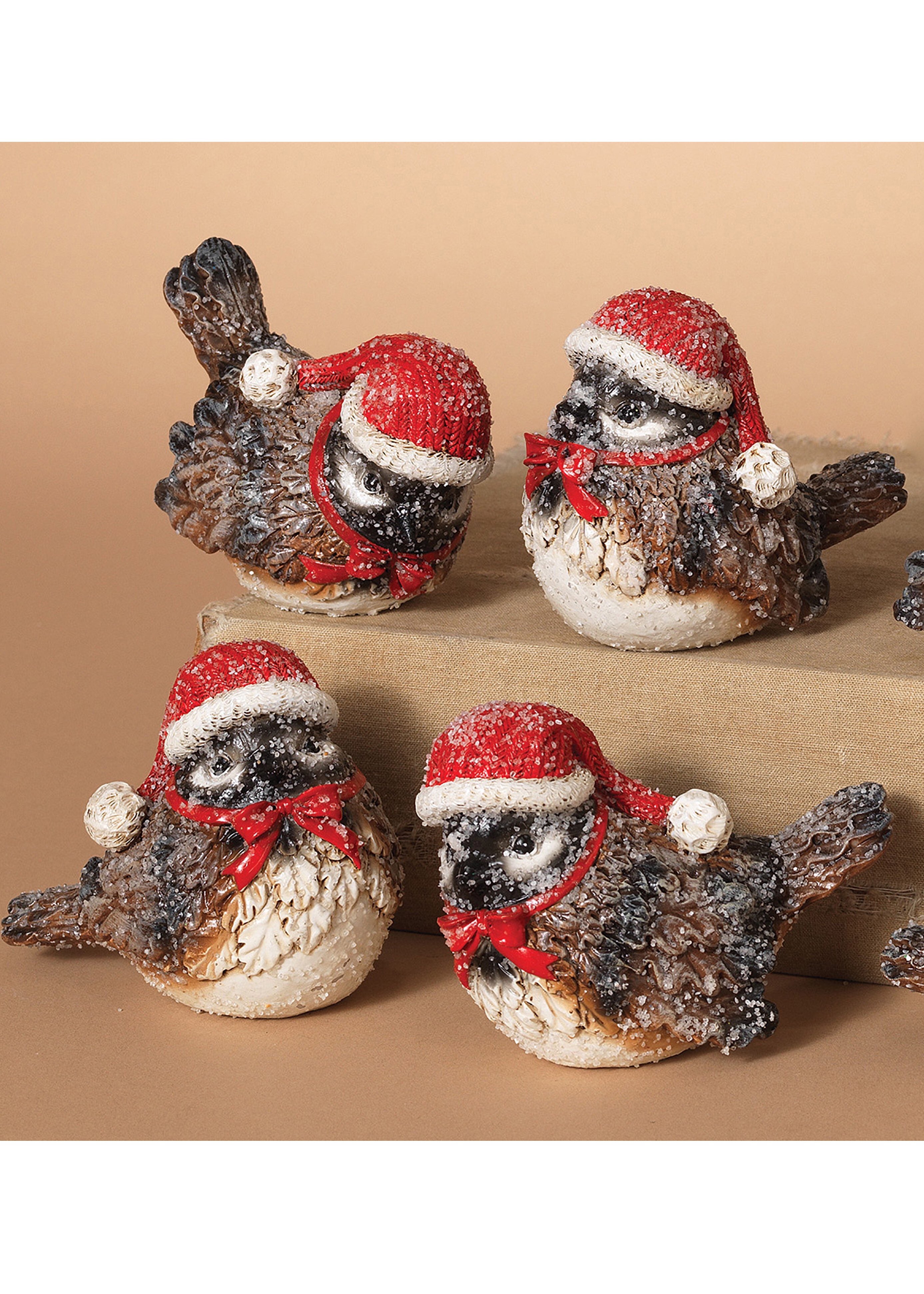 ITEM G2159390 - 3.75"L FROSTED RESIN HOLIDAY BIRD WEARING HAT AND BOW