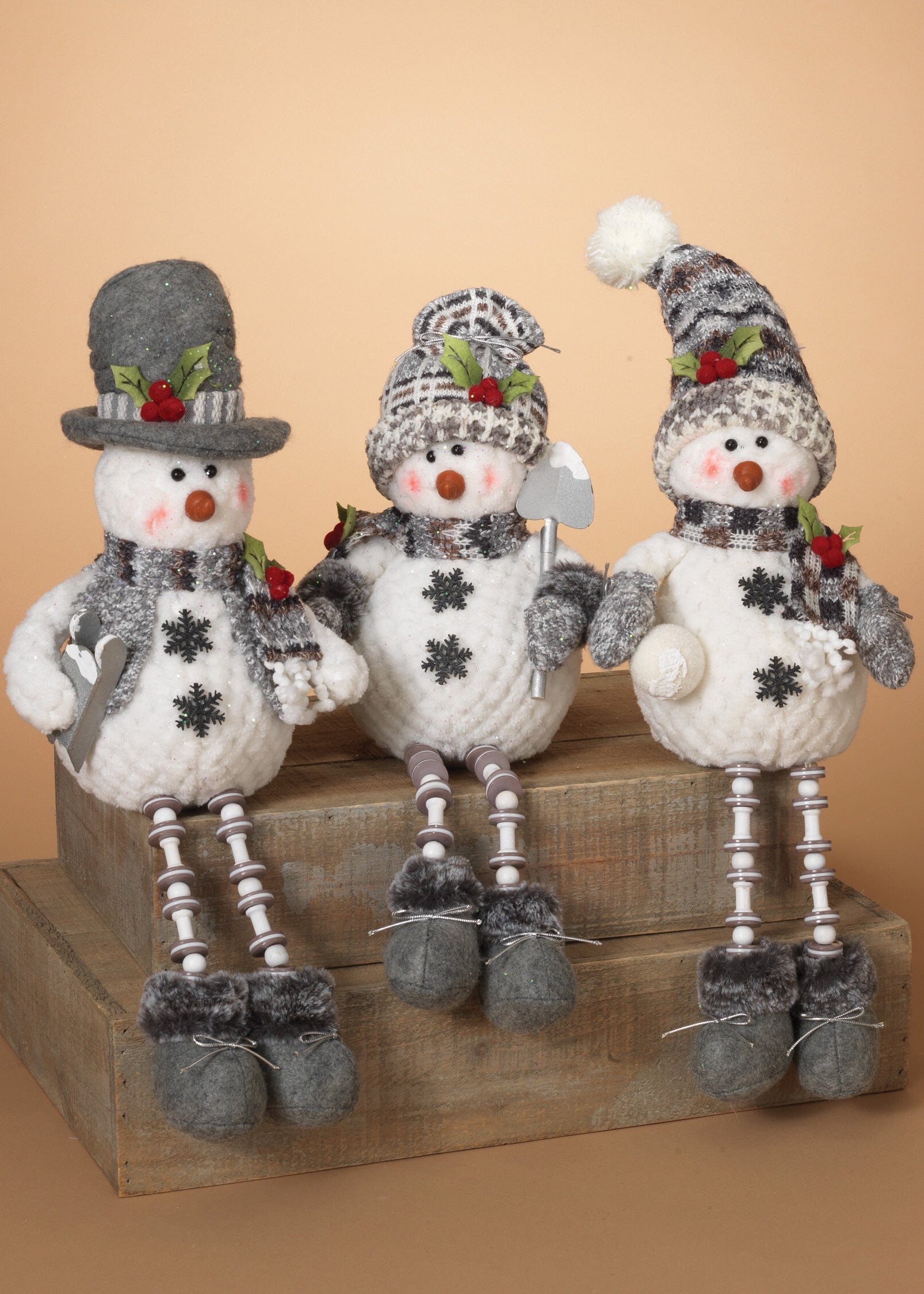 ITEM G2356220 - 15"H PLUSH HOLIDAY SNOWMAN SHELF SITTER W/ BEADED LEGS