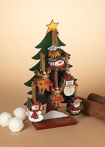 ITEM G2538070 - 5" WOOD HOLIDAY ORNAMENT W/TREE DISPLAY