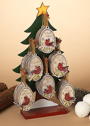 ITEM G2538080 - 4.6"H WOOD HOLIDAY CARDINAL ORNAMENT W/DISPLAY TREE