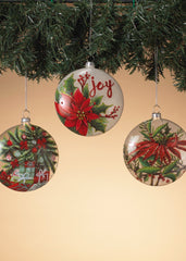 ITEM G2663520 - 4" GLASS DISK WITH POINSETTIA ORNAMENT