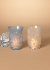 ITEM G2687990 - 5.9"H GLASS HOLIDAY SNOWFLAKE DESIGN HURRICANE CANDLE HOLDER